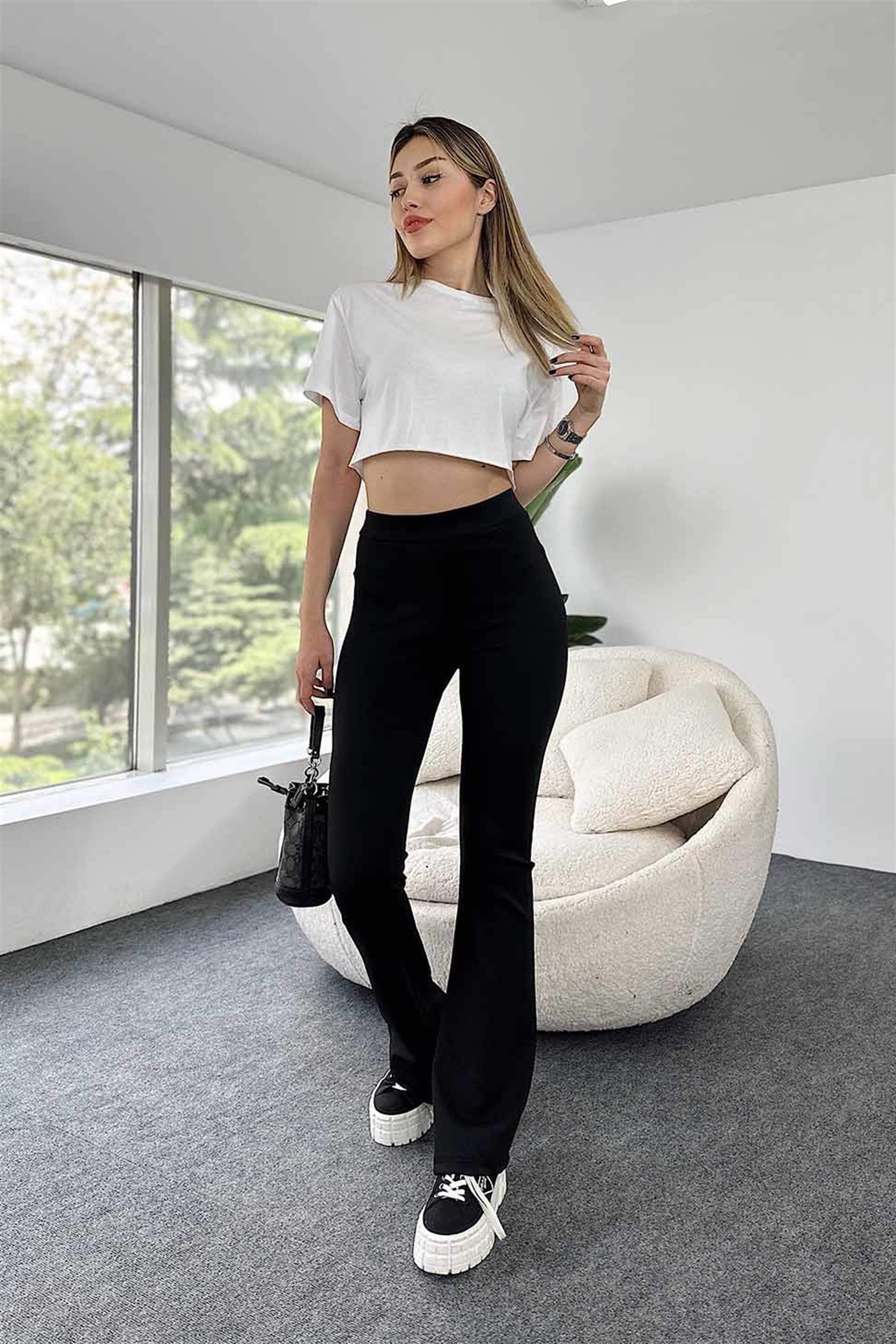 Orjinal Marka Scuba Kumaş İspanyol Paça Tayt Pantolon Siyah