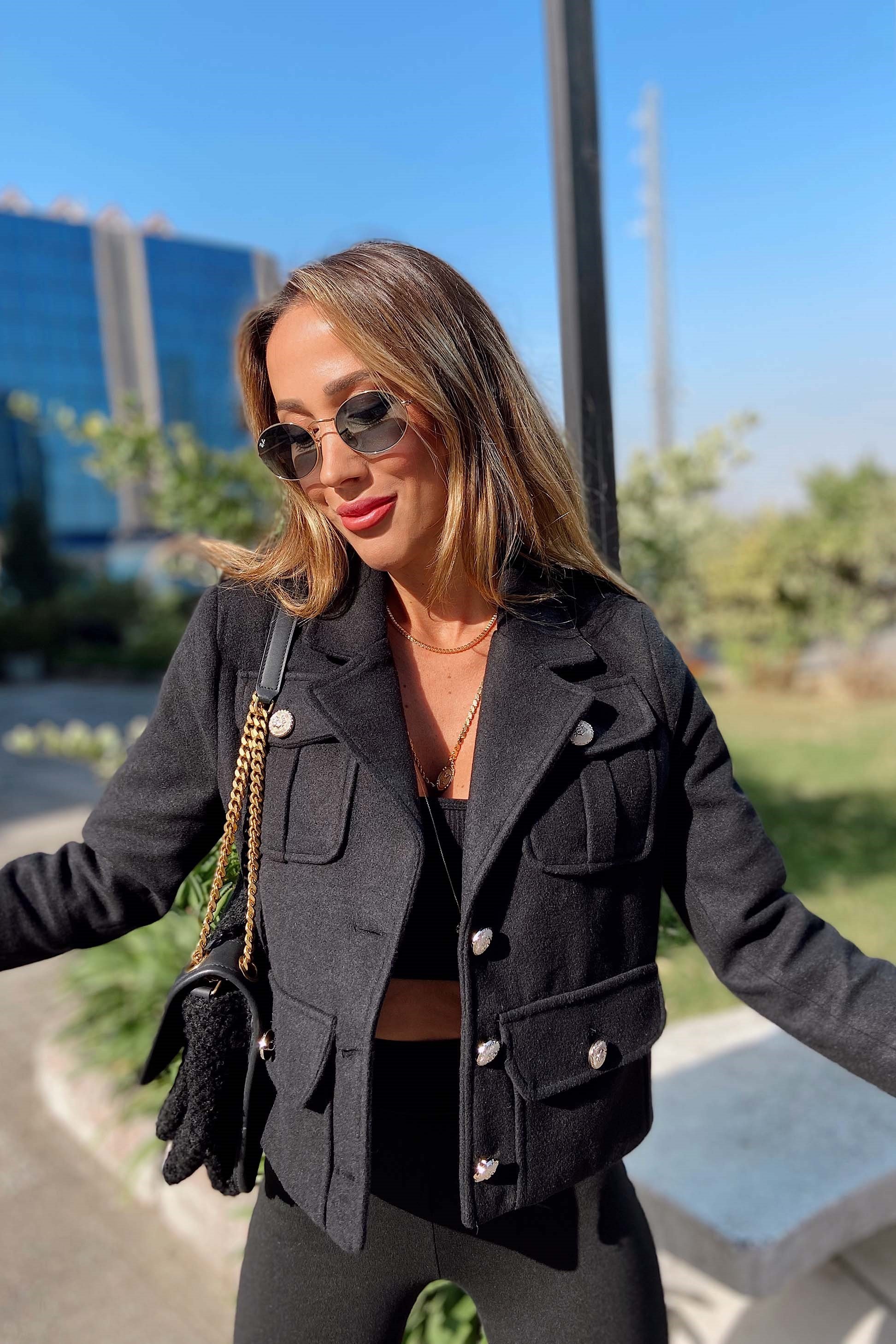 Orjinal Marka Silver Düğmeli Kaşe Ceket Siyah
