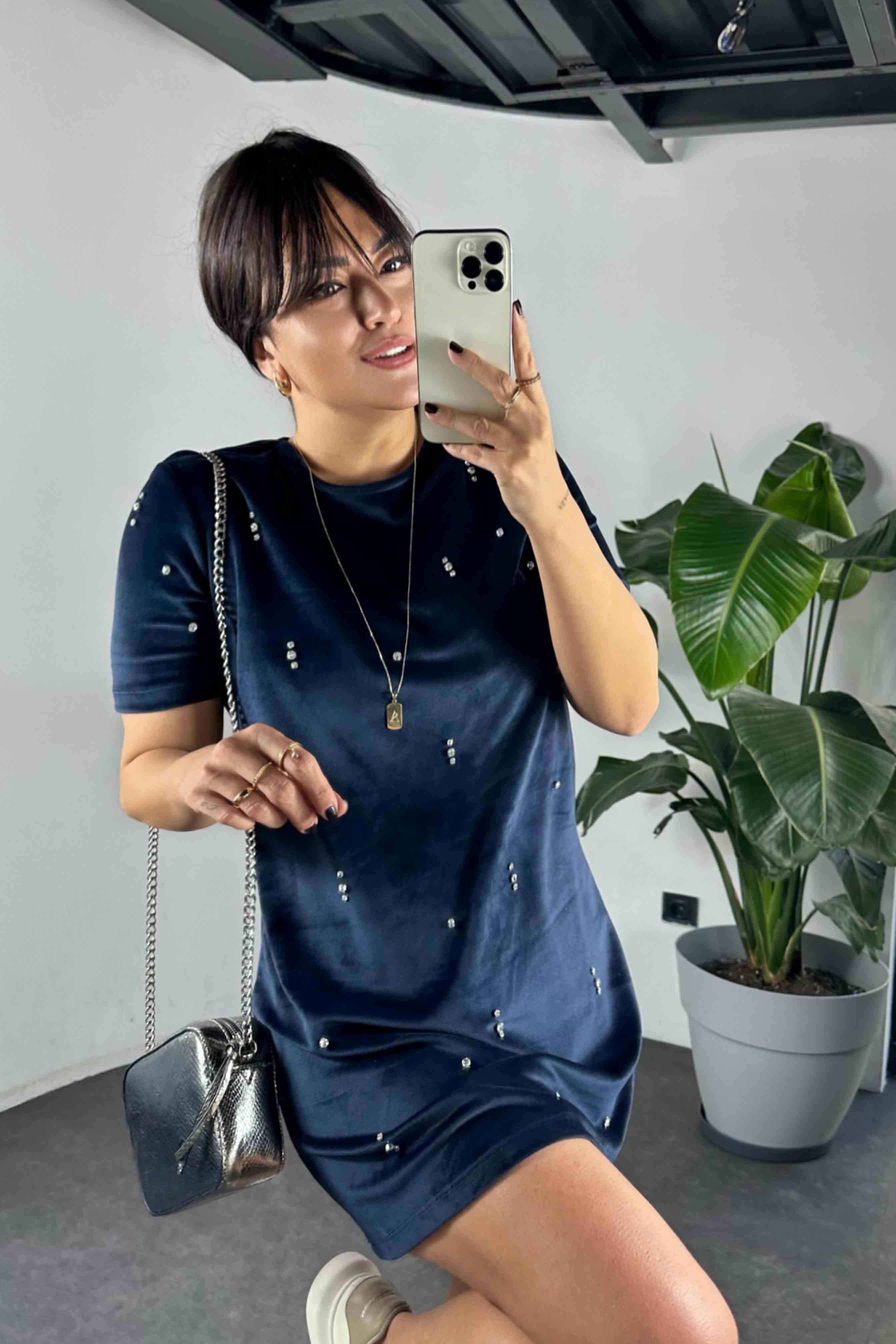 Orjinal Marka Swarovski Taş Detay Kadife Kadın Elbise Lacivert