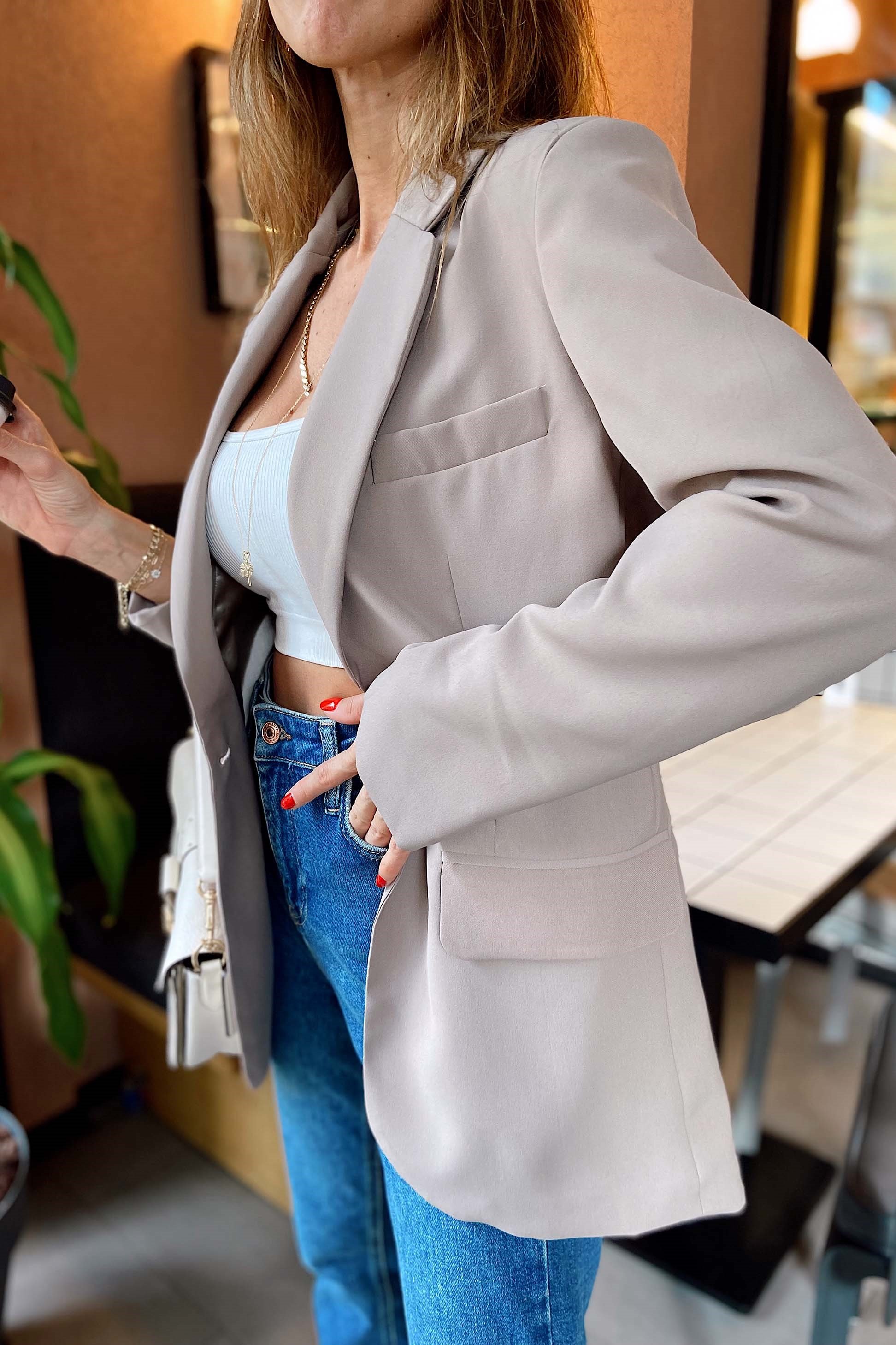 Orjinal Marka Tek Düğmeli Blazer Ceket Vizon