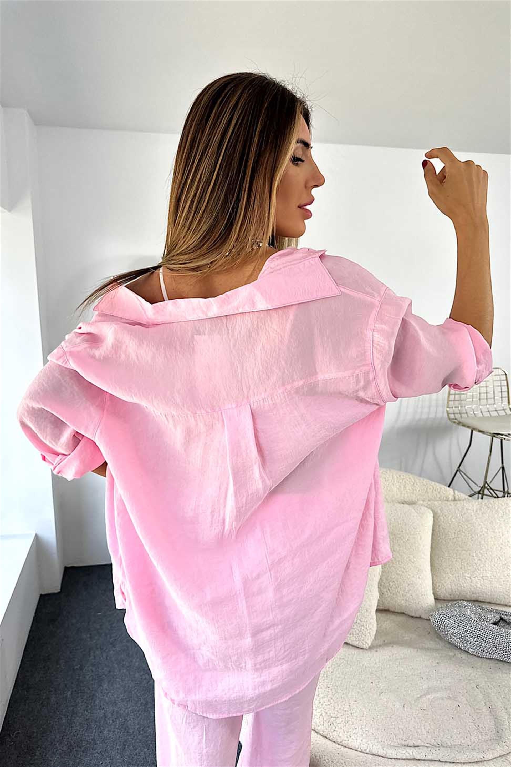 Orjinal Marka Tensel Kumaş Gömlek Pantolon İkili Kadın Takım Toz Pembe