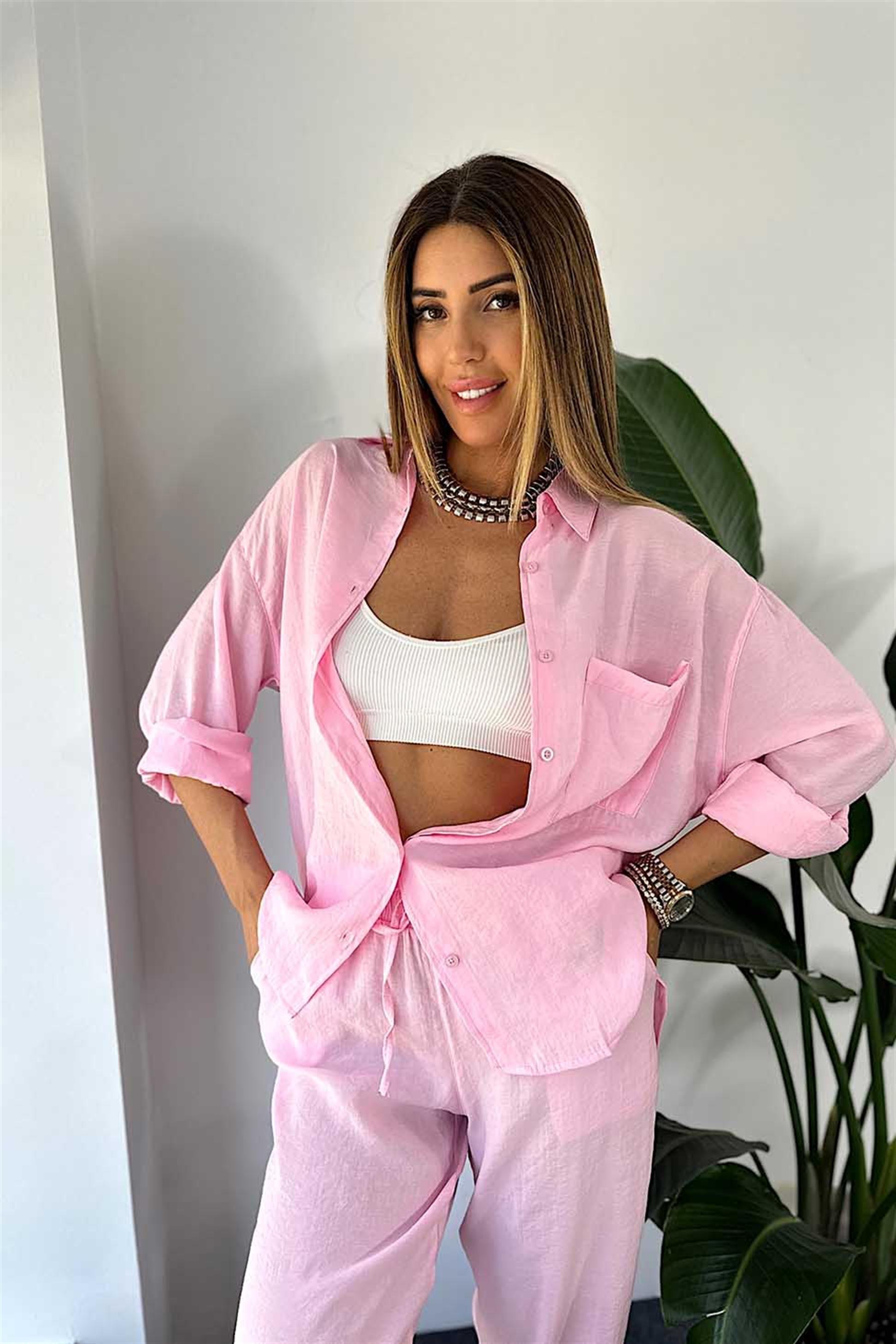 Orjinal Marka Tensel Kumaş Gömlek Pantolon İkili Kadın Takım Toz Pembe