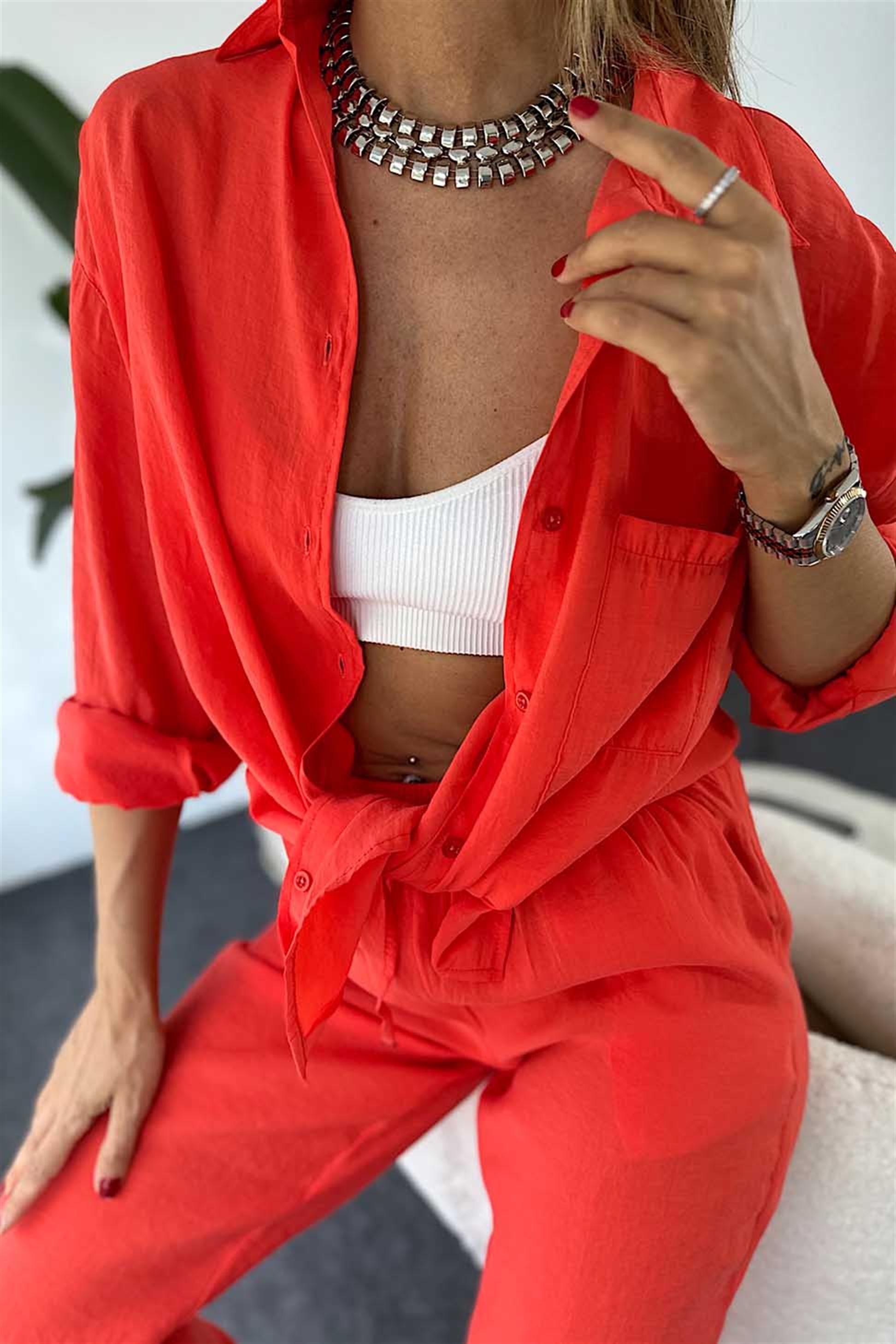 Orjinal Marka Tensel Kumaş Gömlek Pantolon İkili Kadın Takım Nar Çiçeği