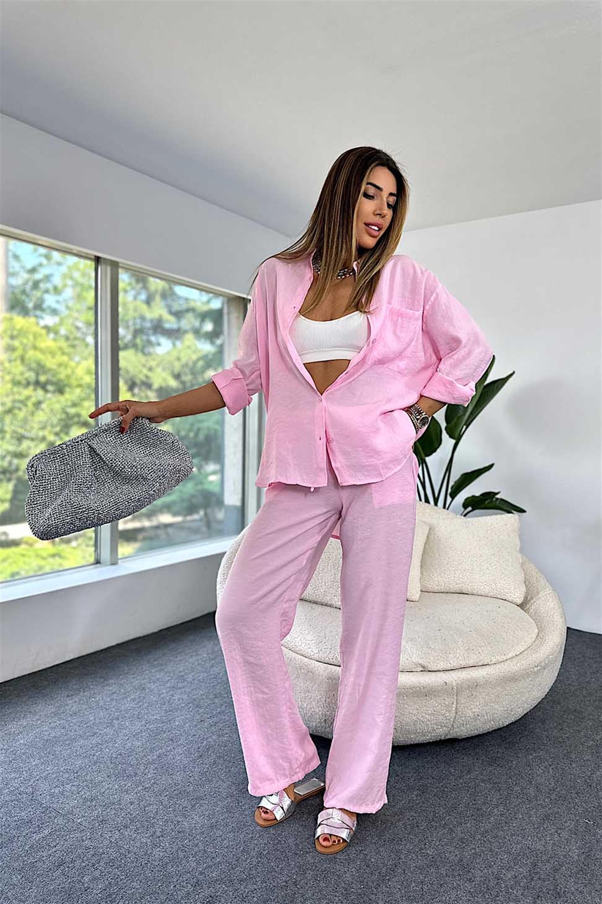 Orjinal Marka Tensel Kumaş Gömlek Pantolon İkili Kadın Takım Toz Pembe