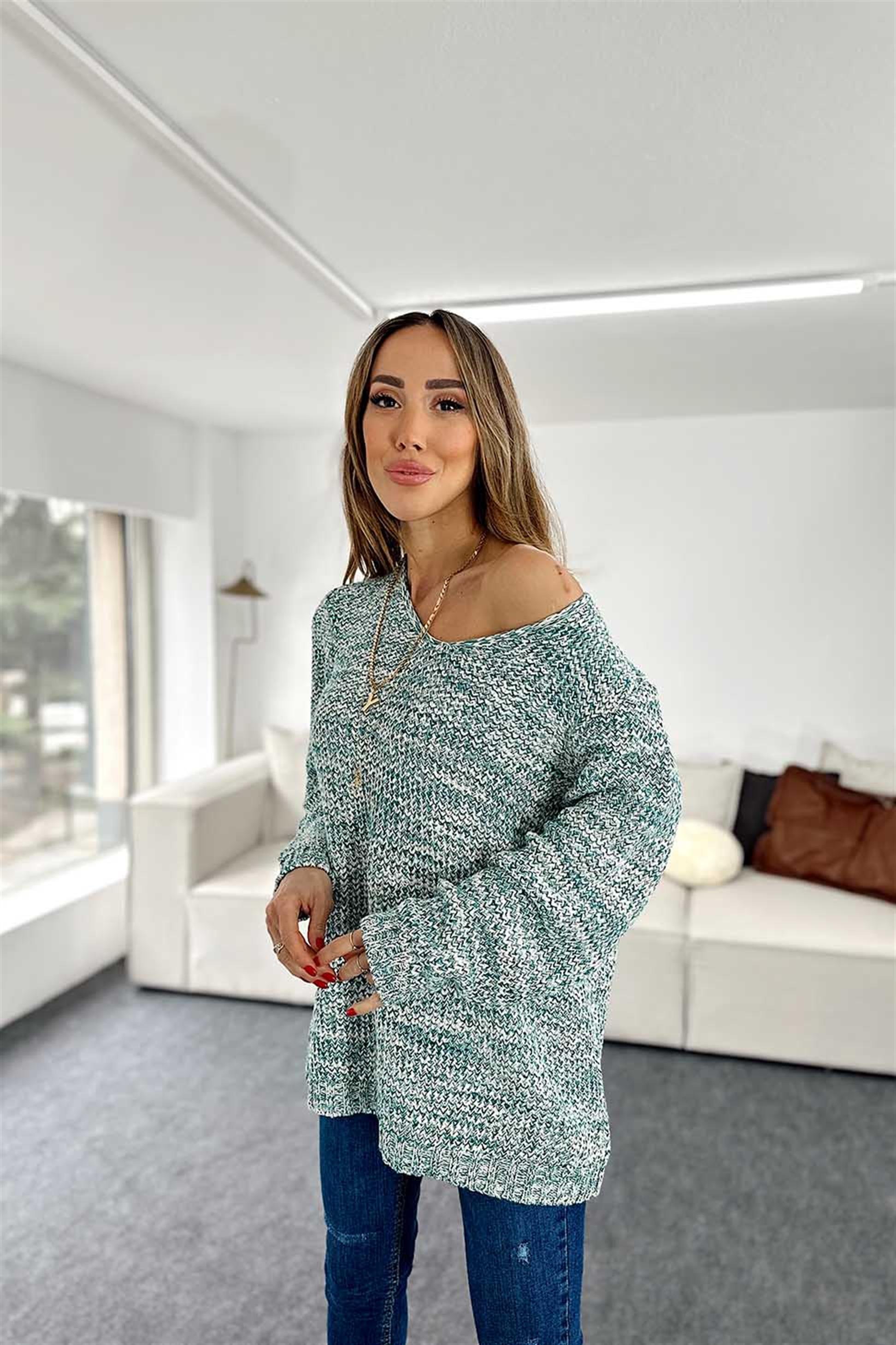 Orjinal Marka V Yaka Tasarım Selanik Örme Kazak Yeşil