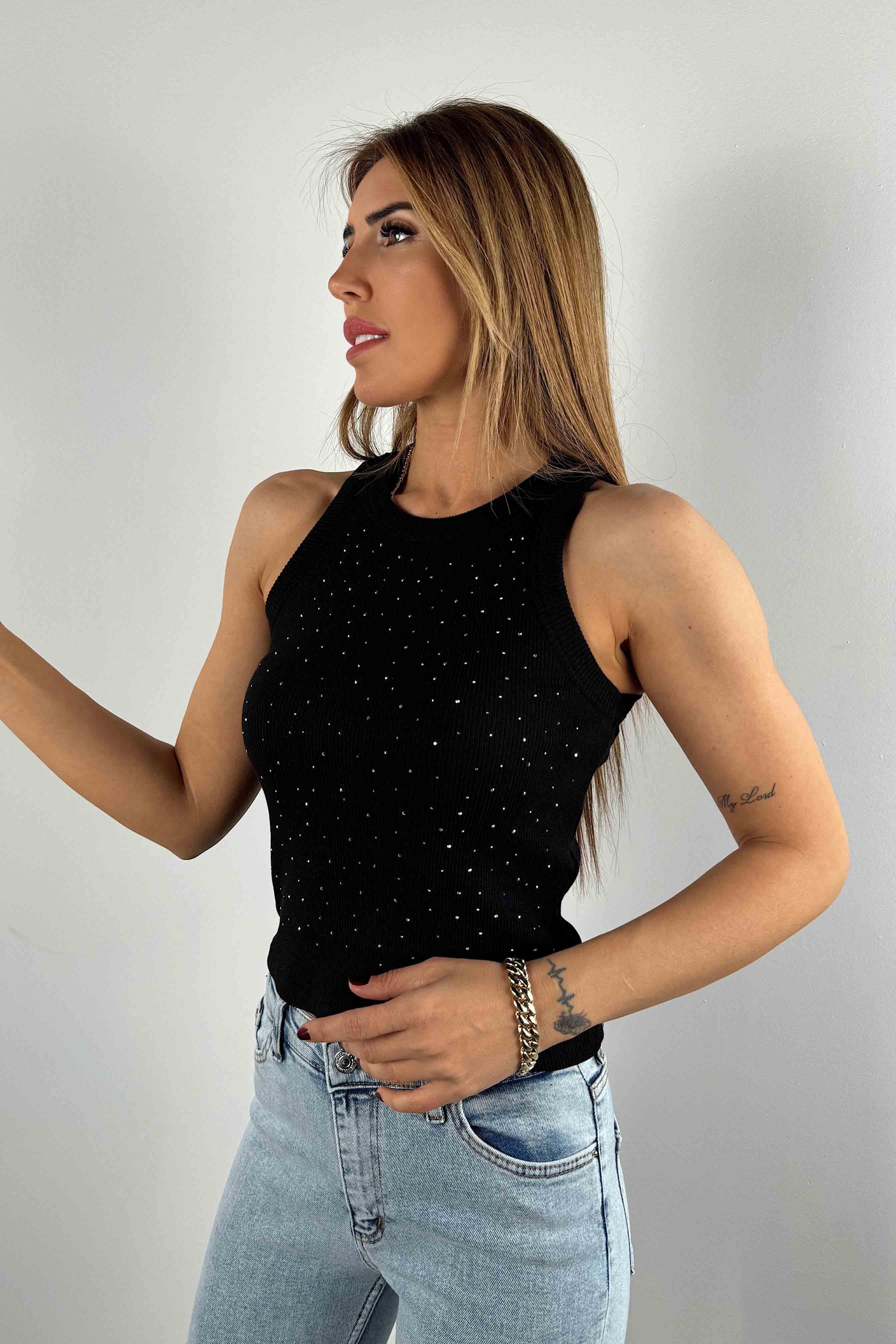 Orjinal Model Halter Yaka Taşlı Tasarım Bluz Siyah