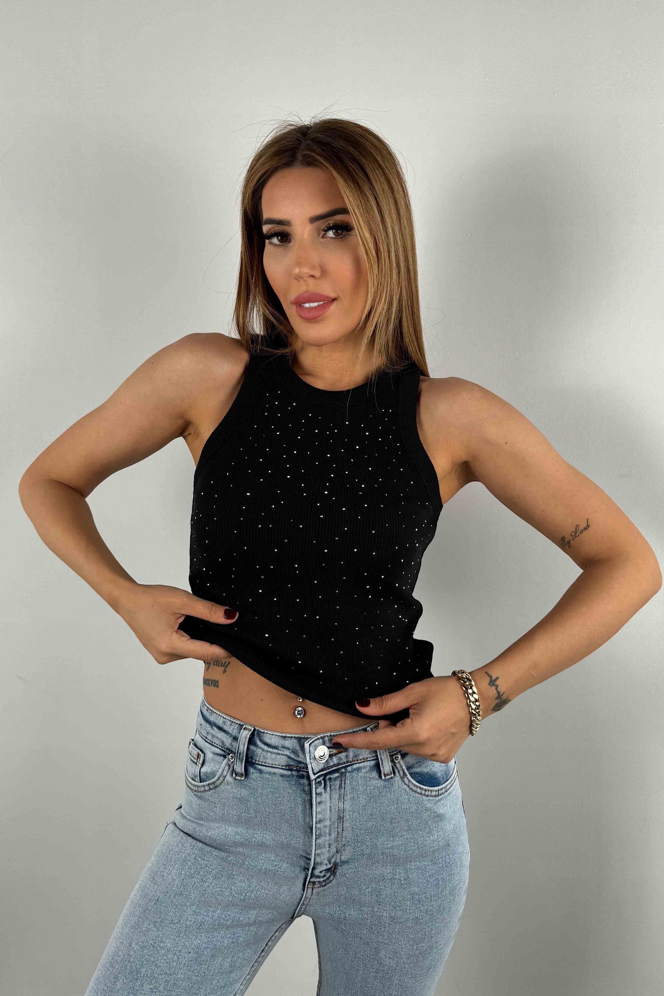 Orjinal Model Halter Yaka Taşlı Tasarım Bluz Siyah