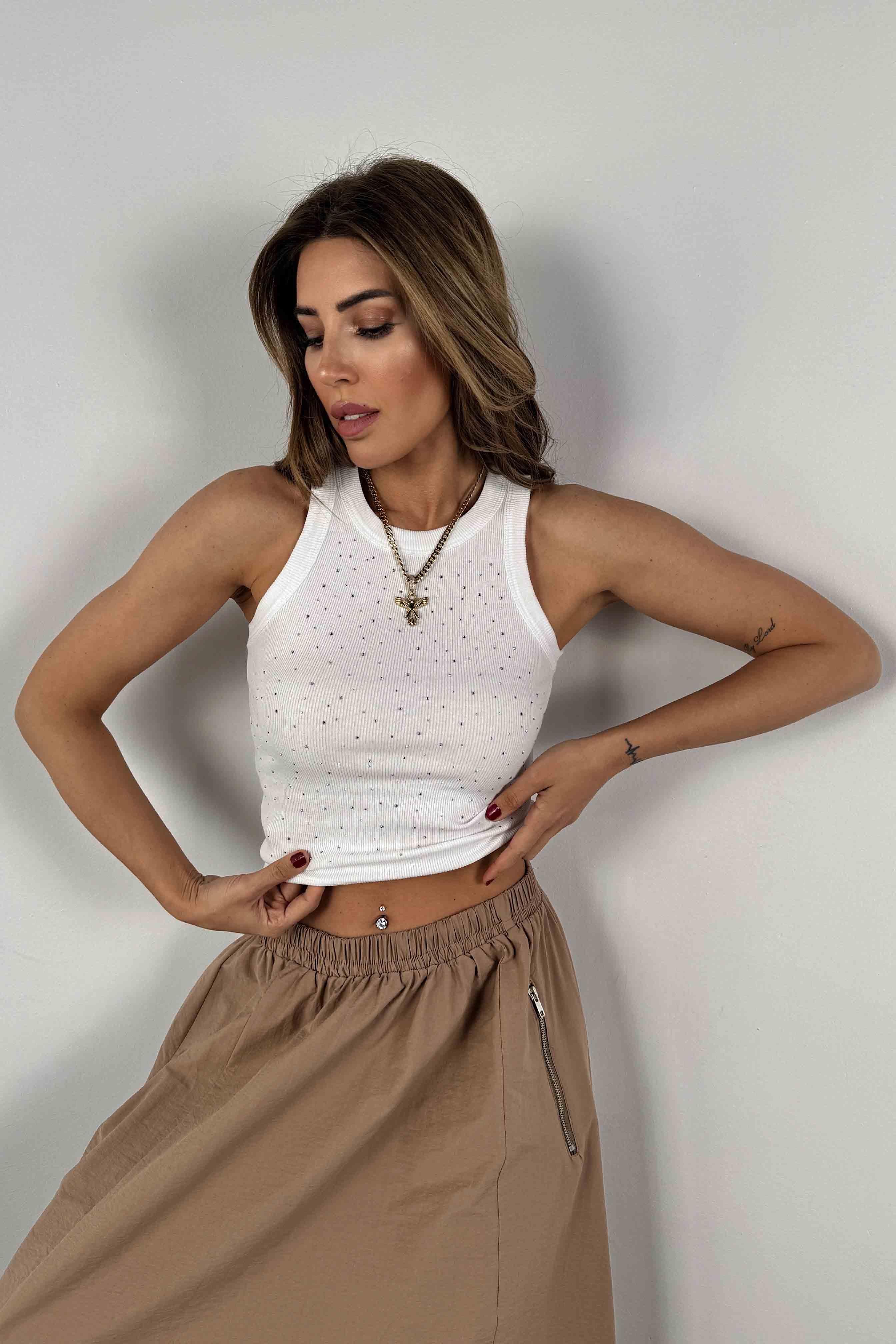 Orjinal Model Halter Yaka Taşlı Tasarım Bluz Beyaz