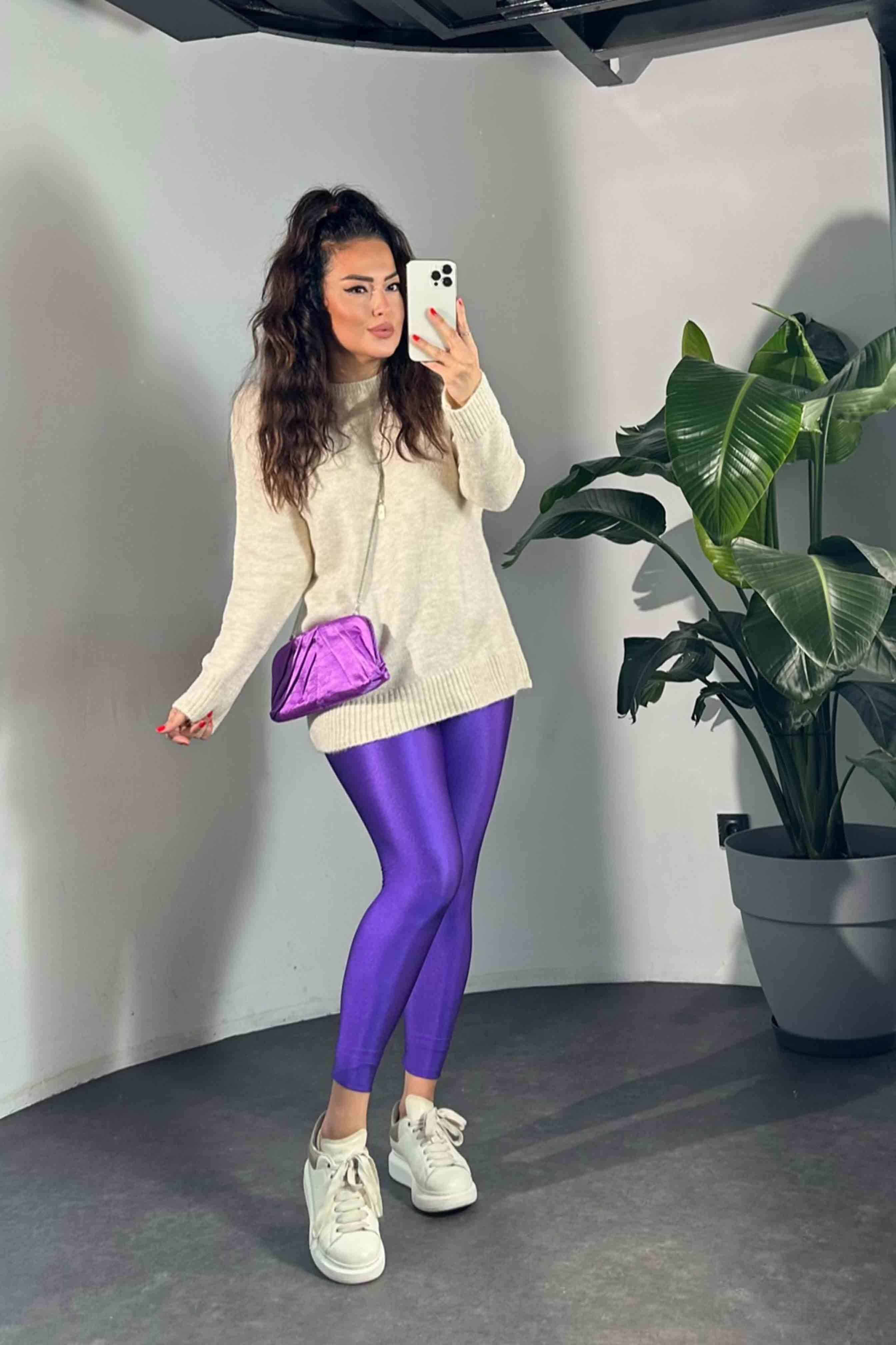 Orjinal Model Yüksek Bel Disco Kadın Tayt Mor