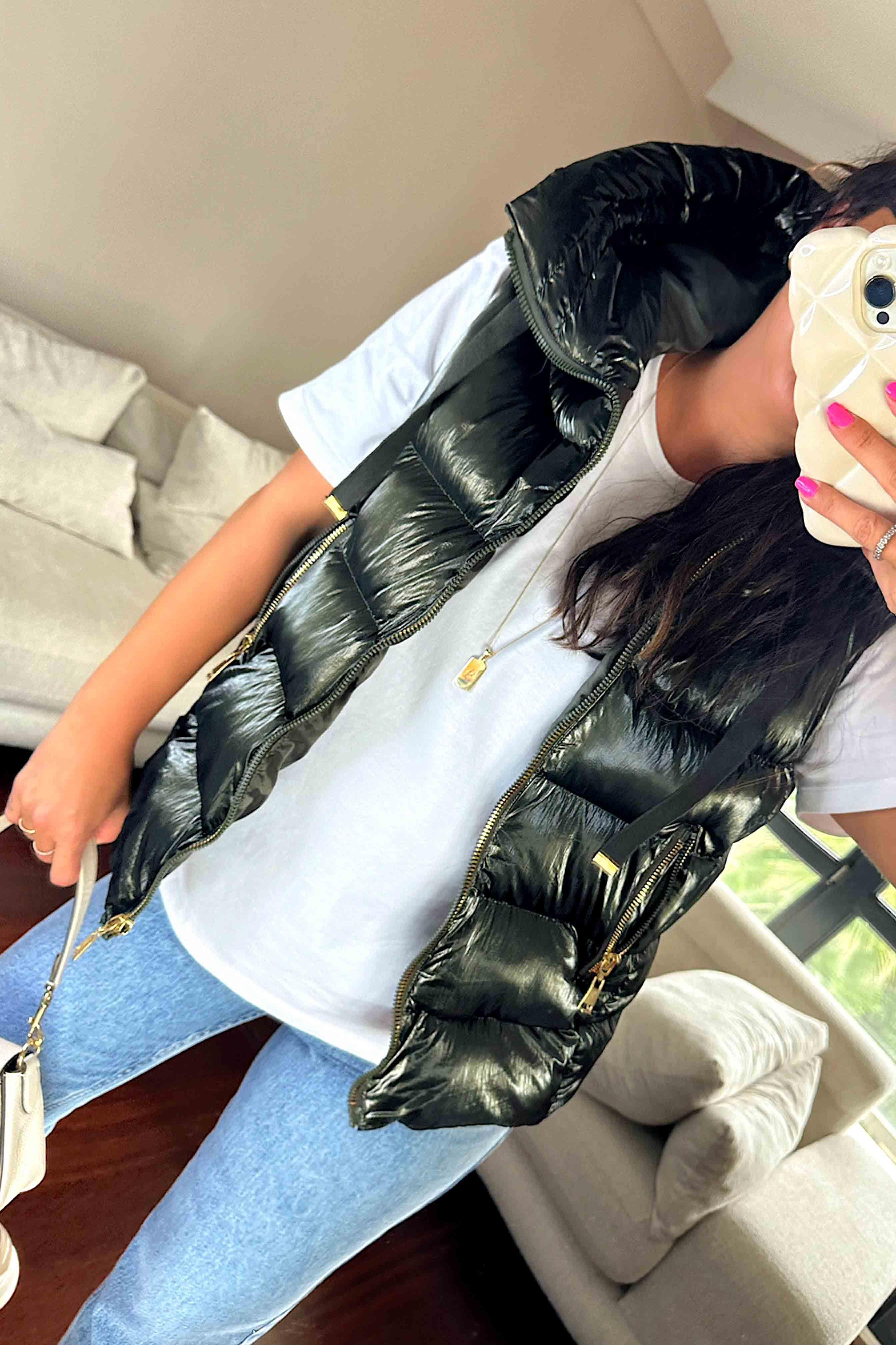 Orjinal Tasaraım Kapüşonlu Parlak Şişme Yelek Haki