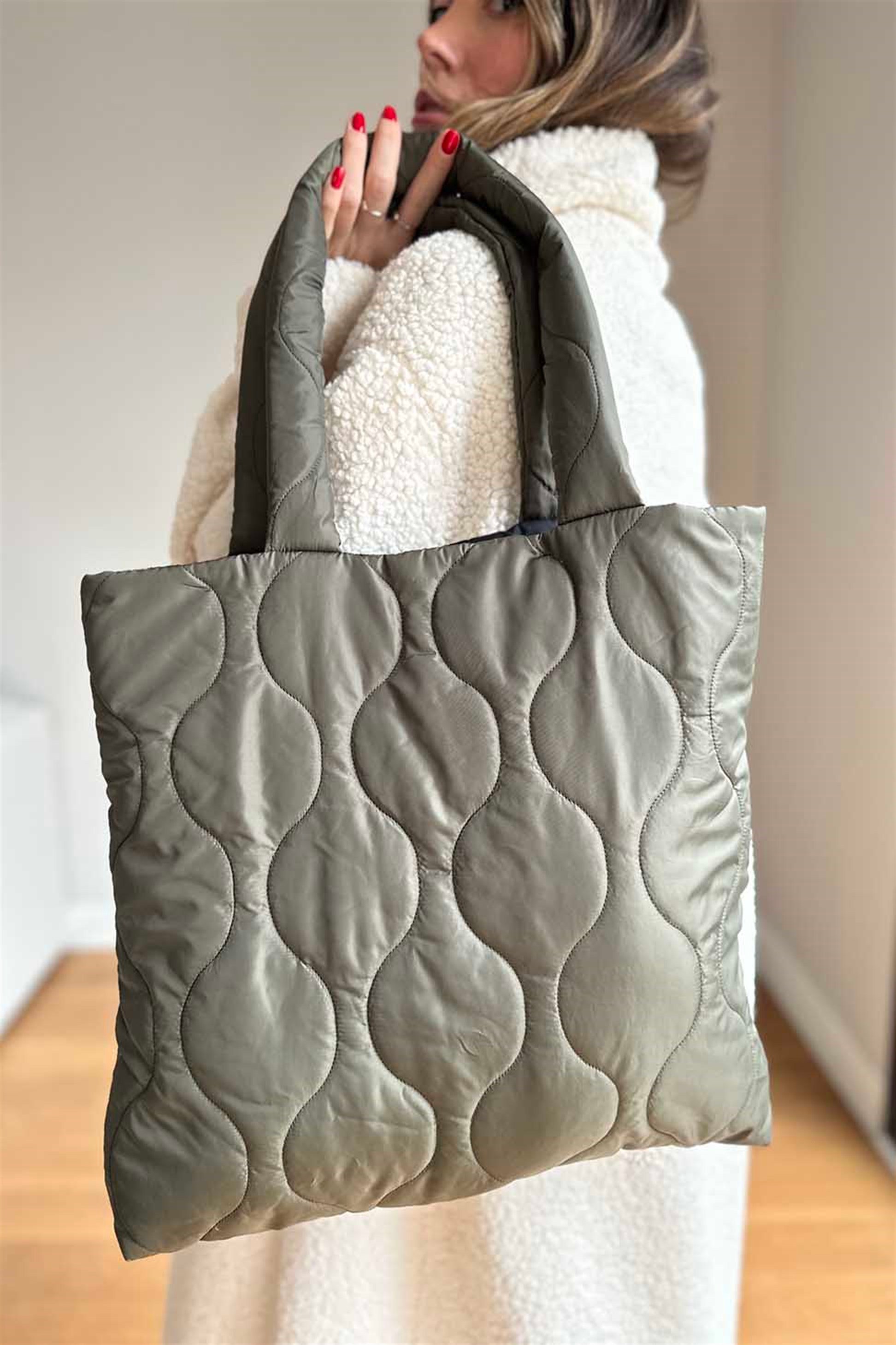 Oval Dikişli Tote Çanta Gri