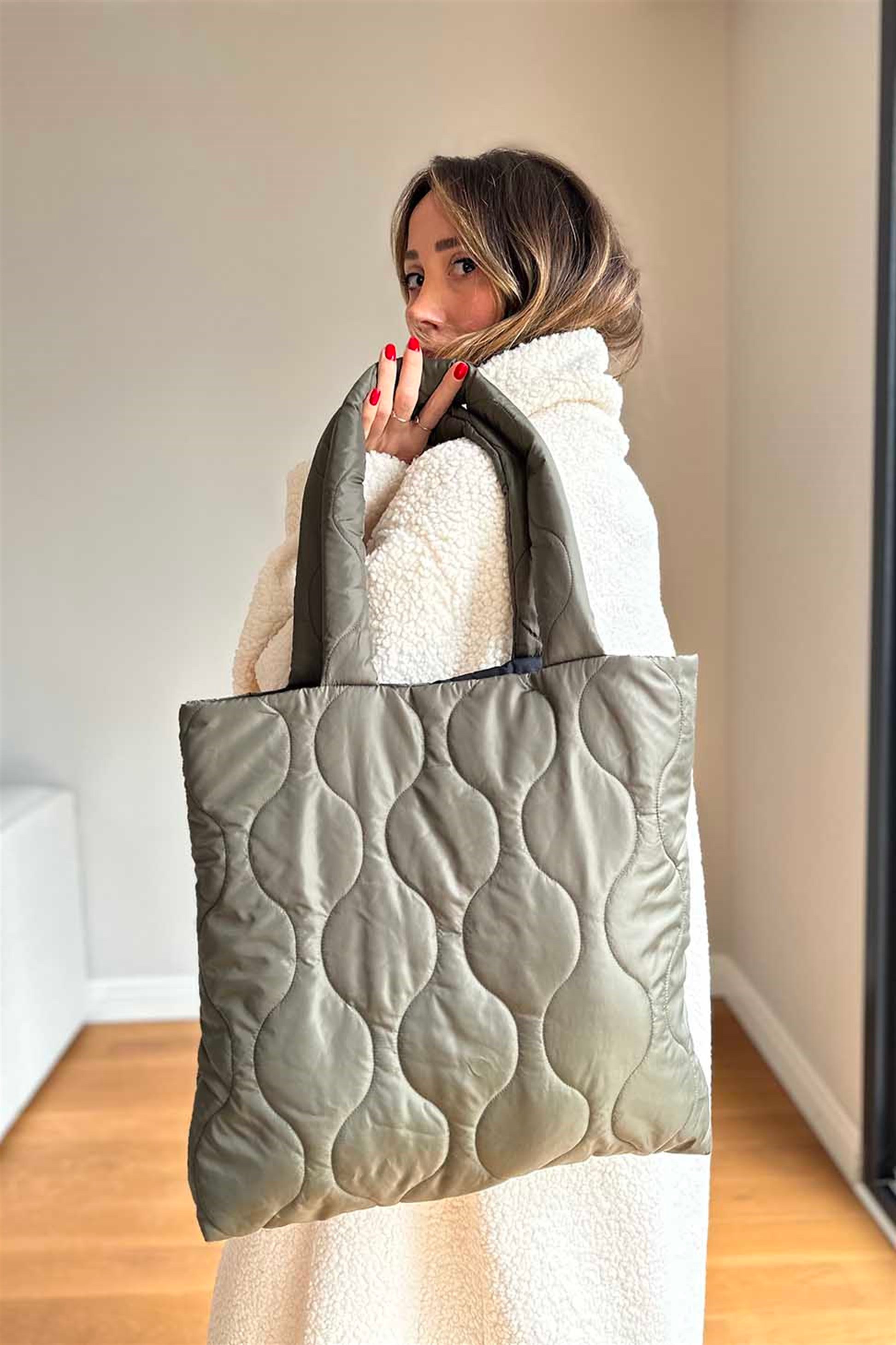 Oval Dikişli Tote Çanta Gri