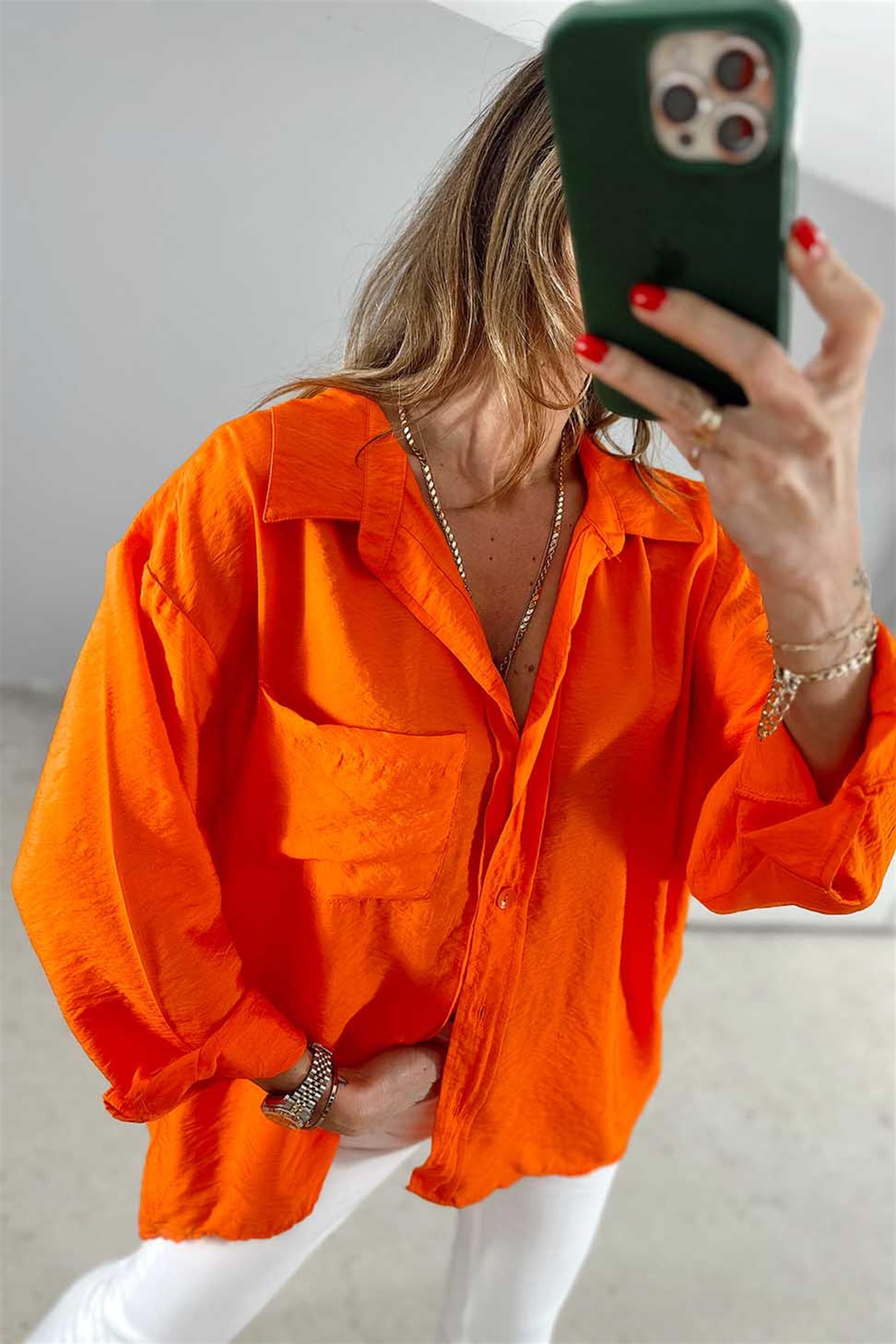 Oversize Açık Yaka Gömlek Turuncu