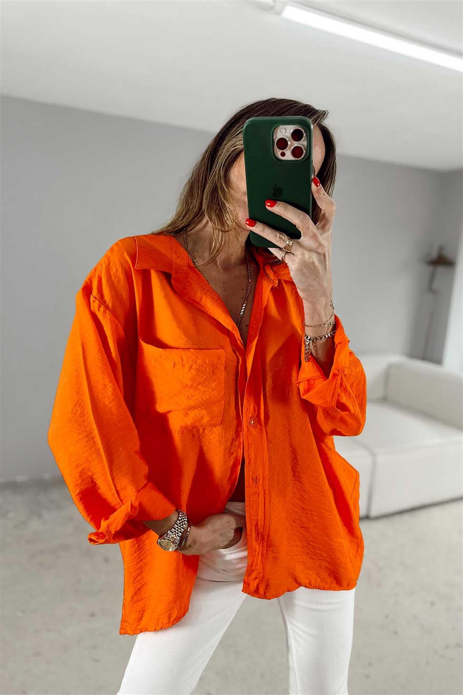 Oversize Açık Yaka Gömlek Turuncu