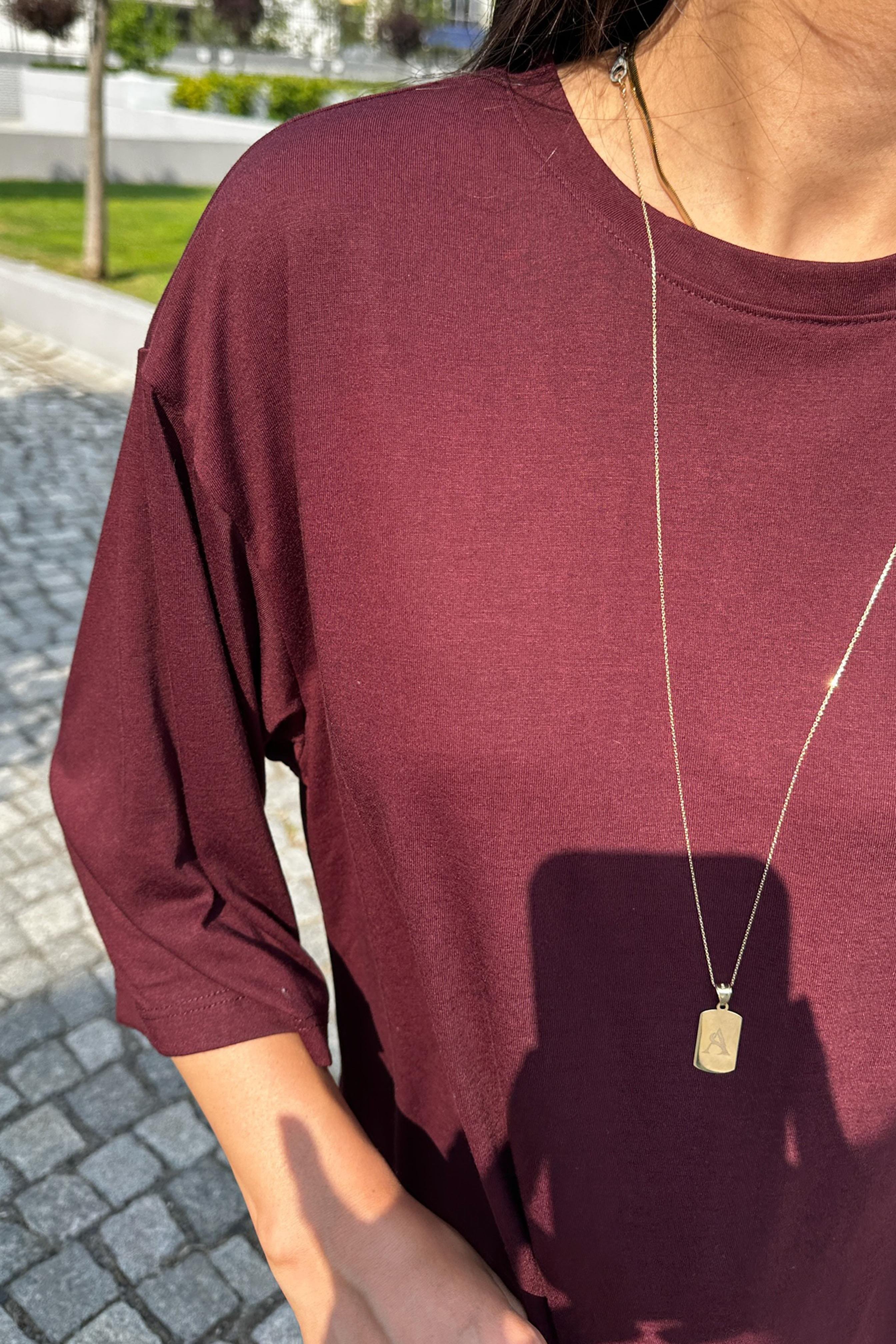 Oversize Basic Tişört Bordo