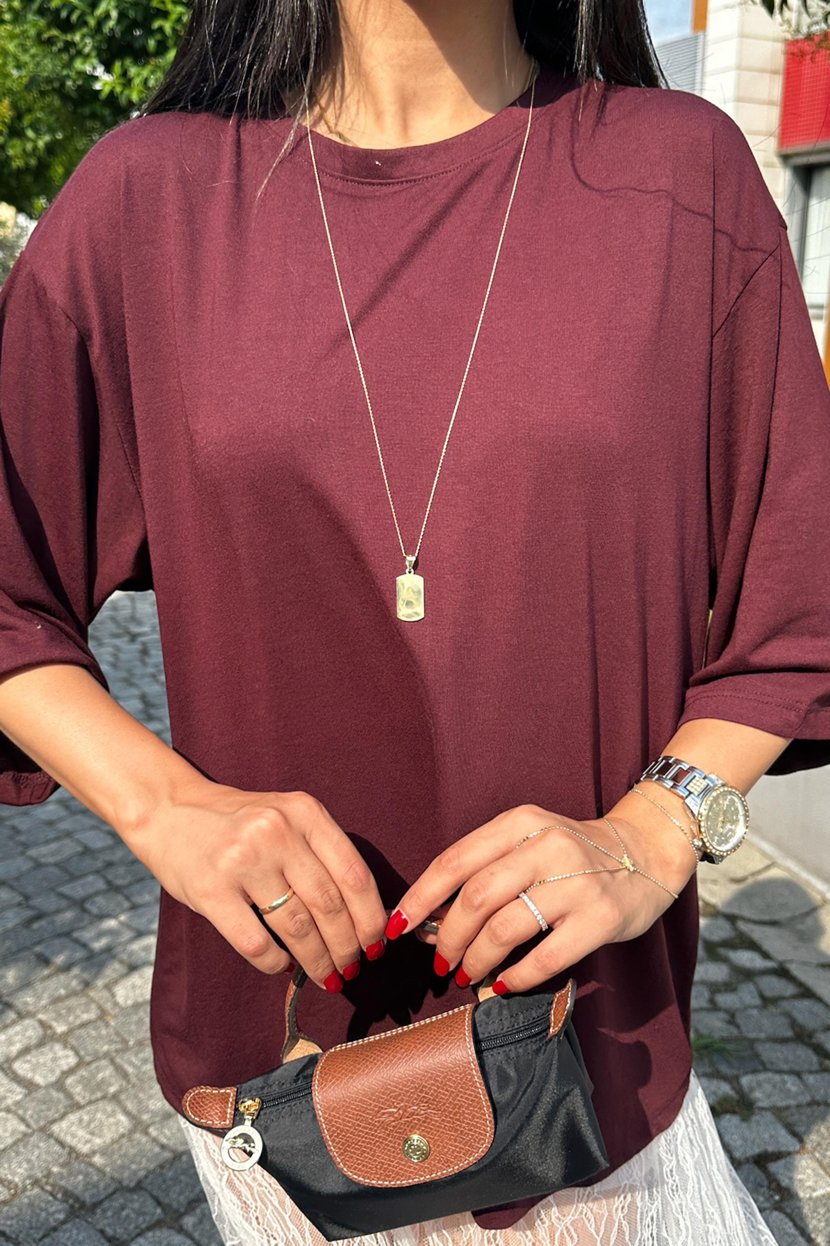 Oversize Basic Tişört Bordo