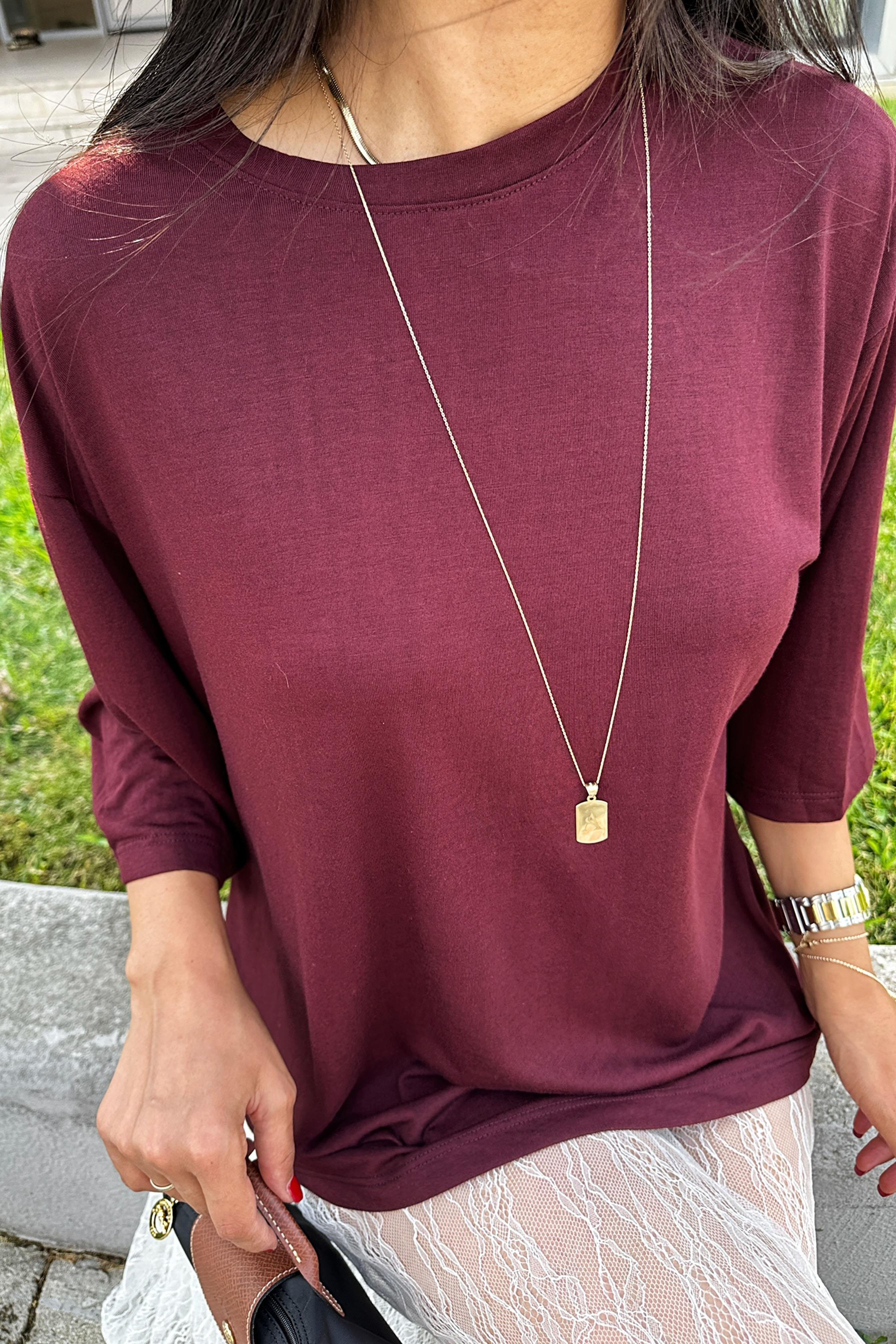 Oversize Basic Tişört Bordo