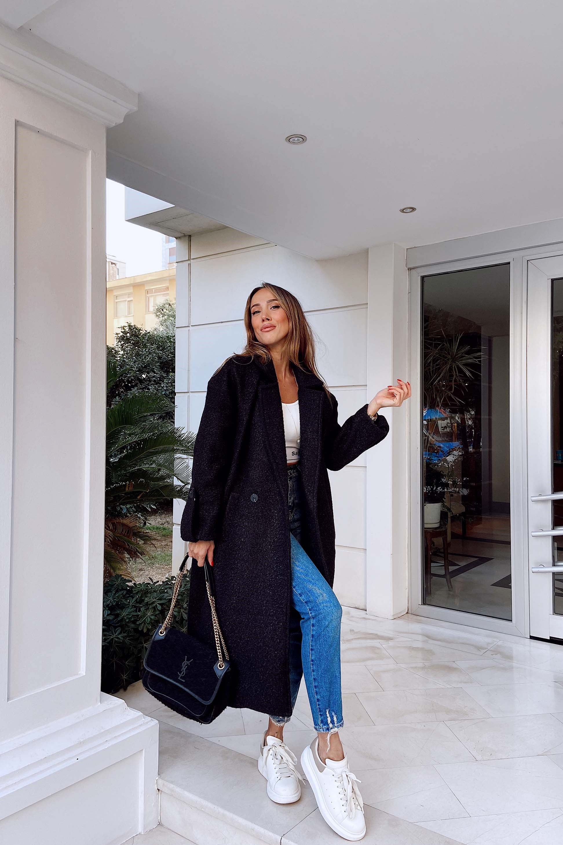 Oversize Bürümcük Kadın Kaban Siyah