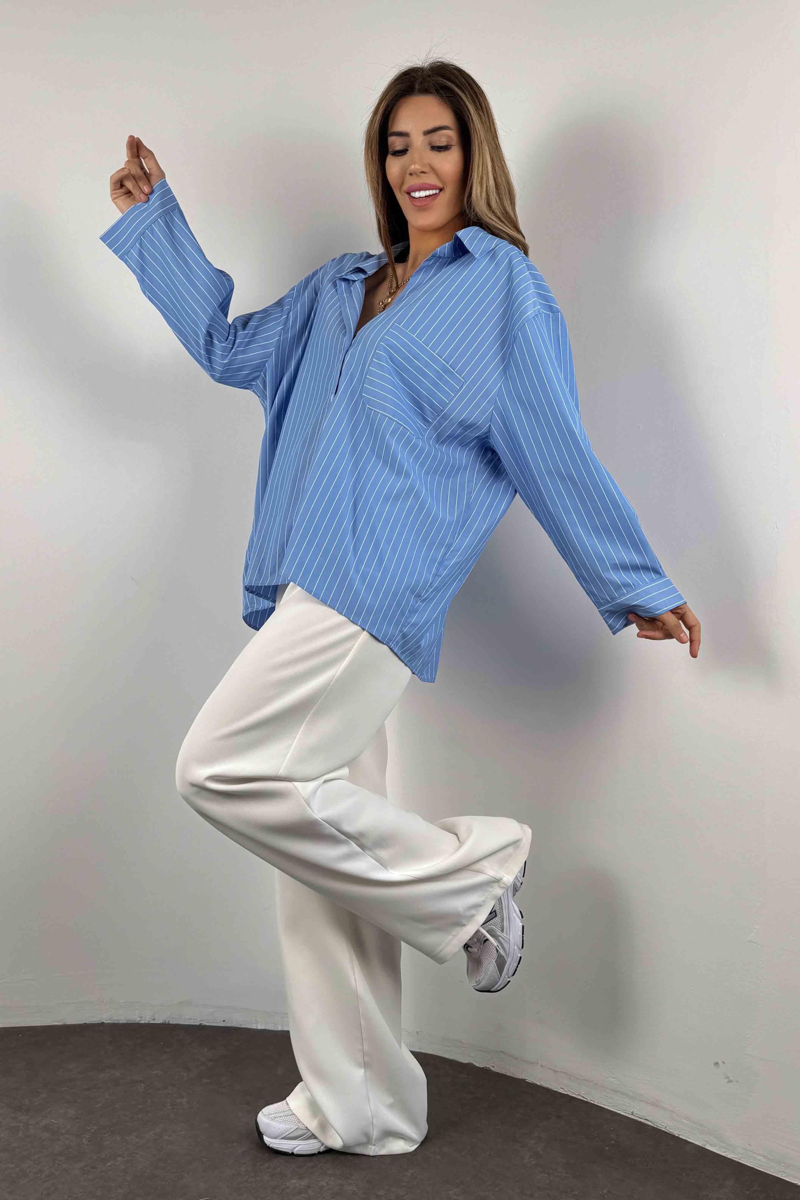 Oversize Çizgili Kadın Gömlek Mavi