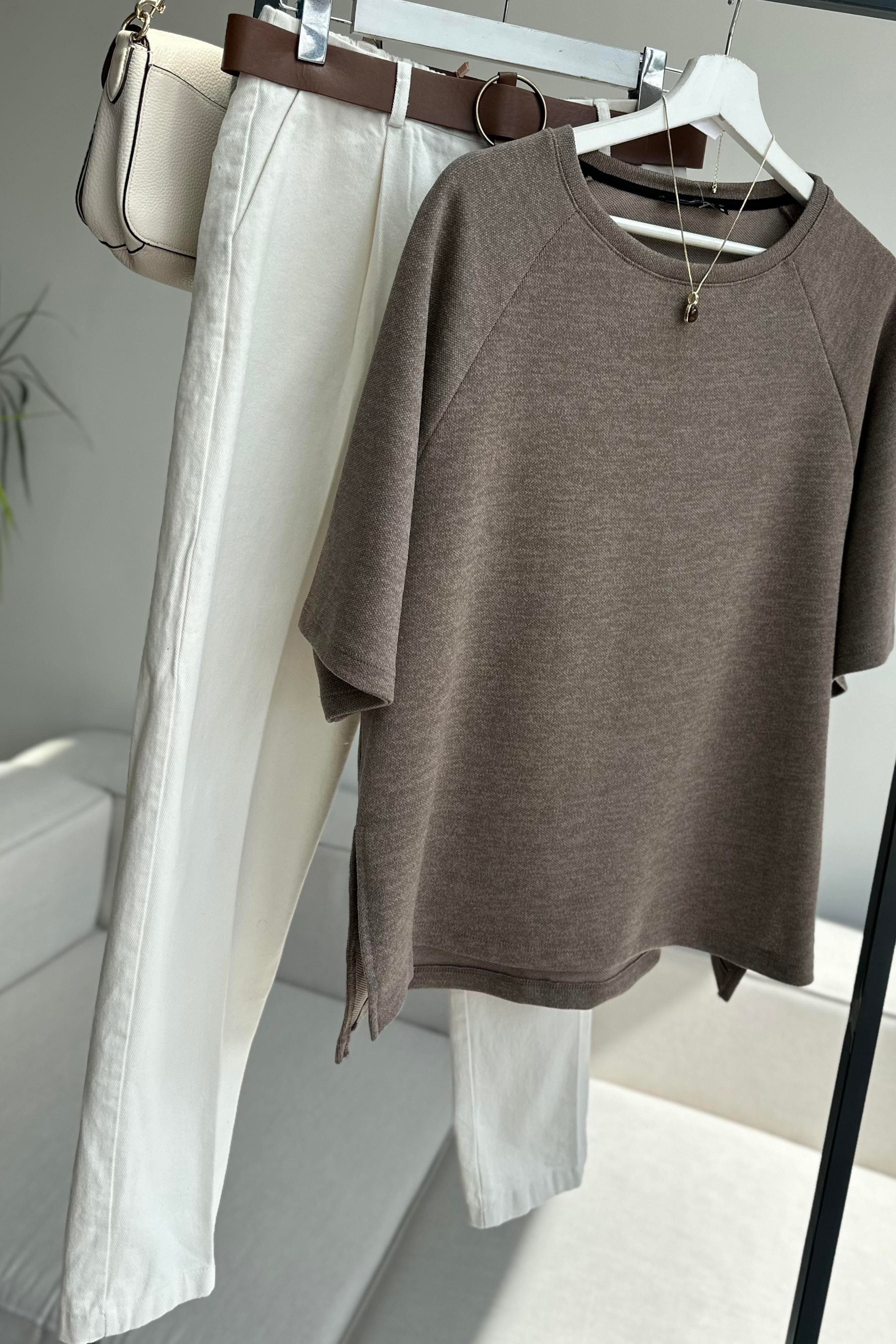 Oversize İnterlok Tişört Vizon