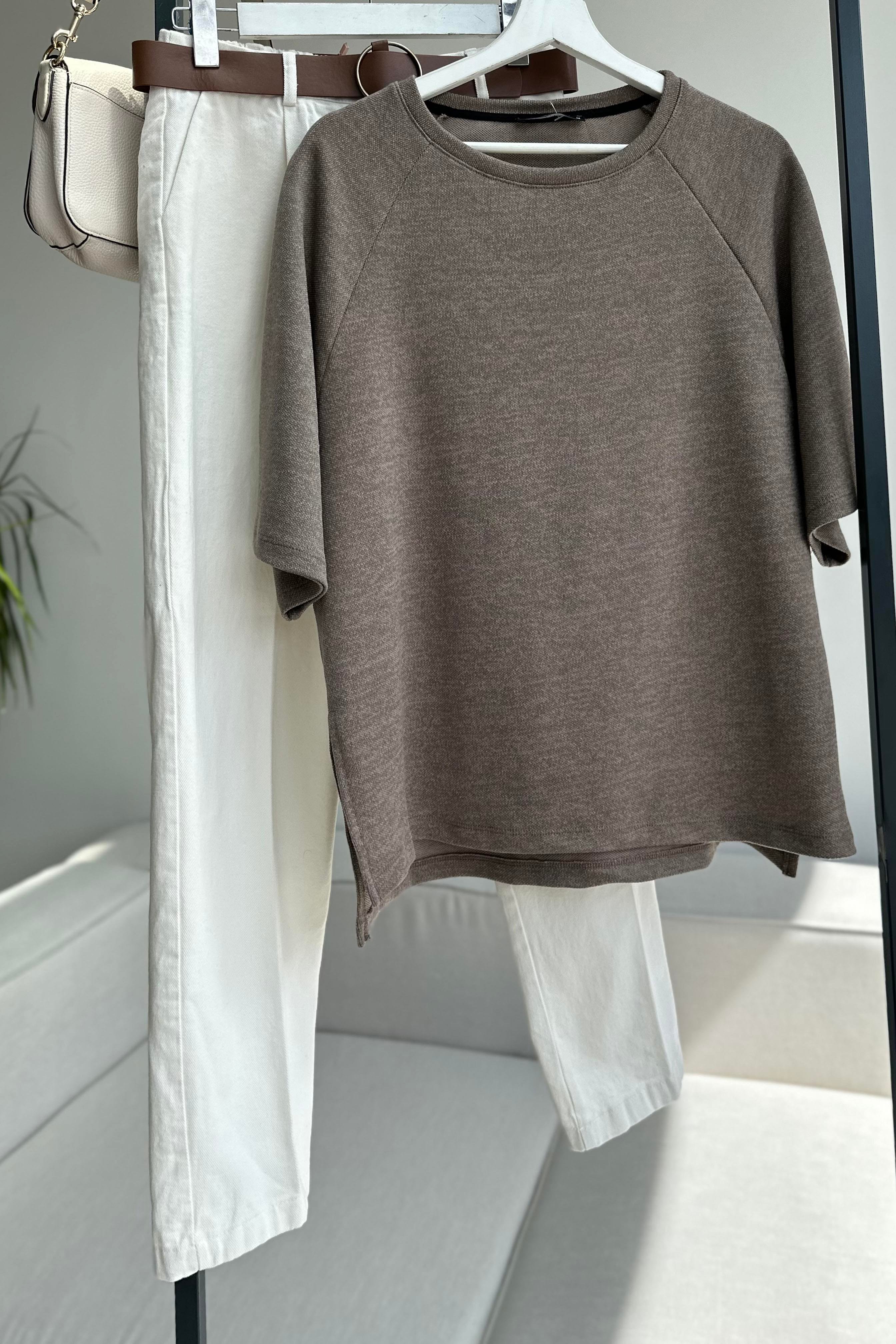 Oversize İnterlok Tişört Vizon