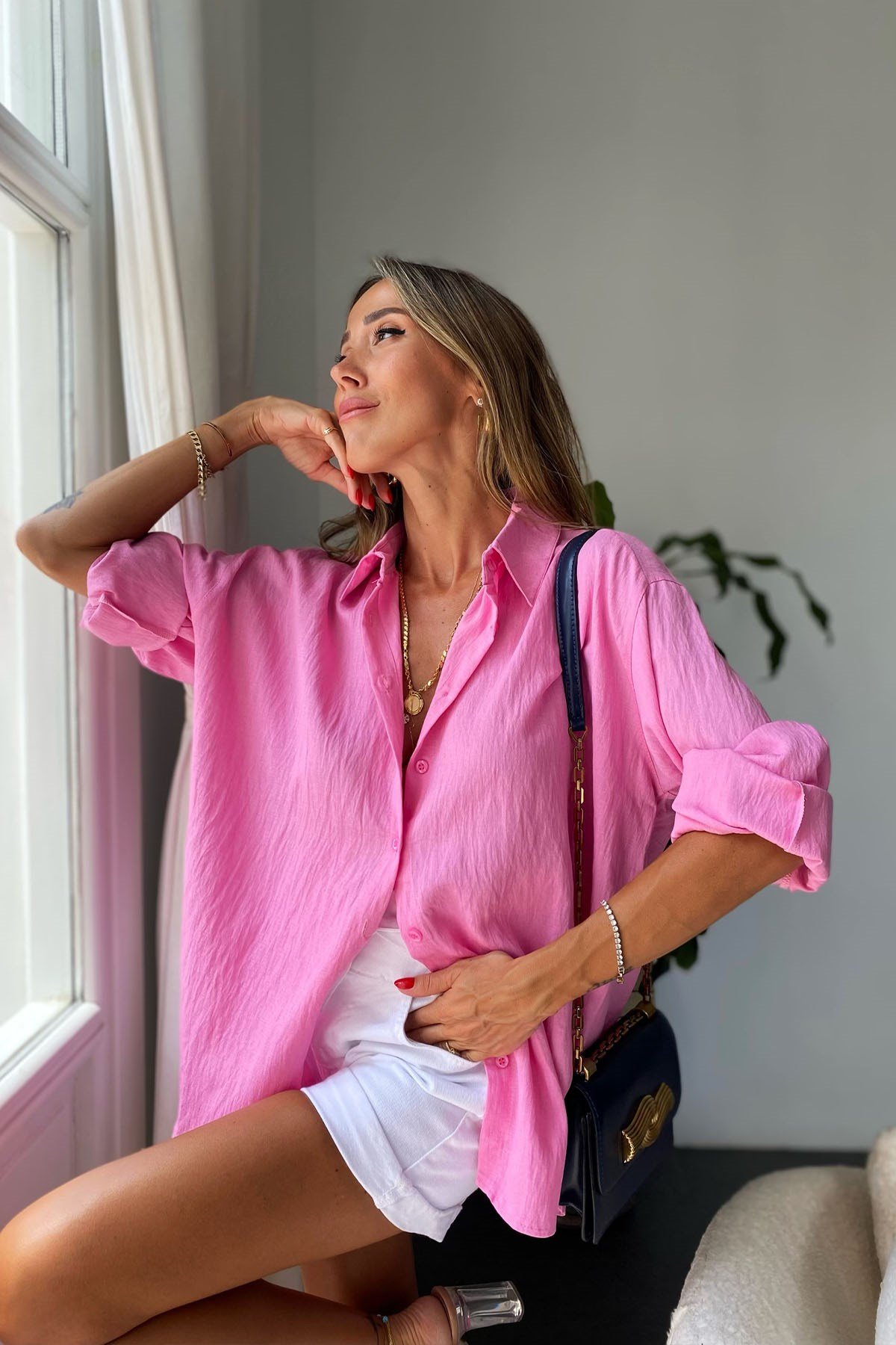 Oversize Kadın Gömlek Pembe