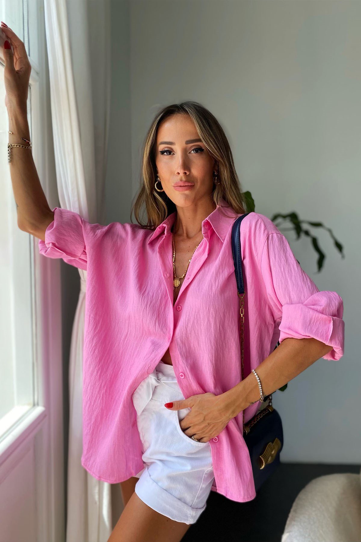 Oversize Kadın Gömlek Pembe