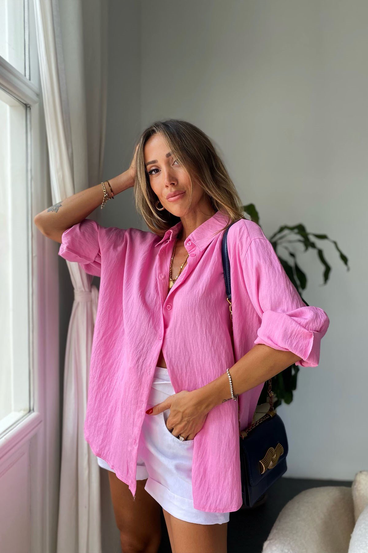 Oversize Kadın Gömlek Pembe