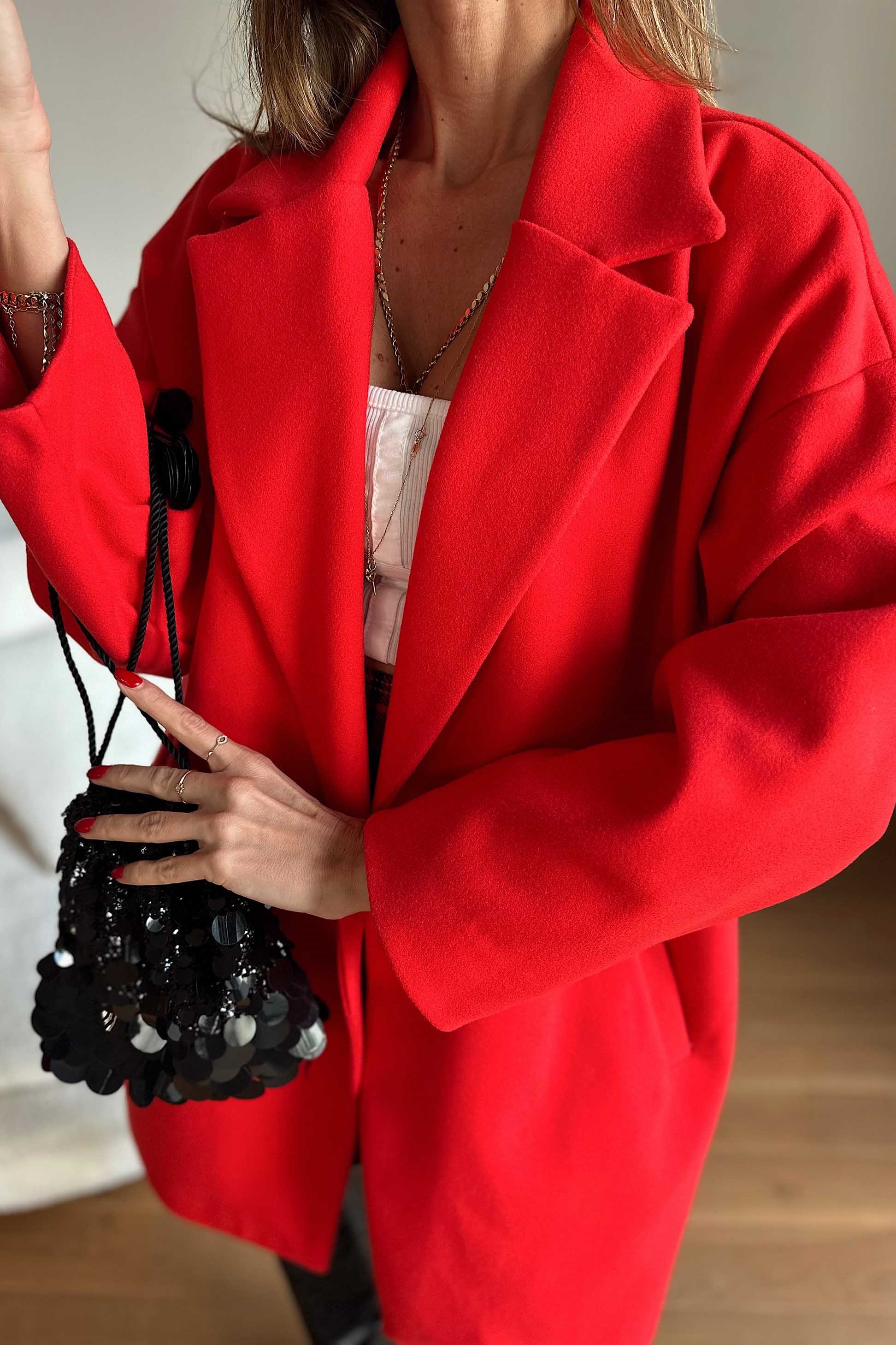 Oversize Kaşe Midi Kaban Kırmızı