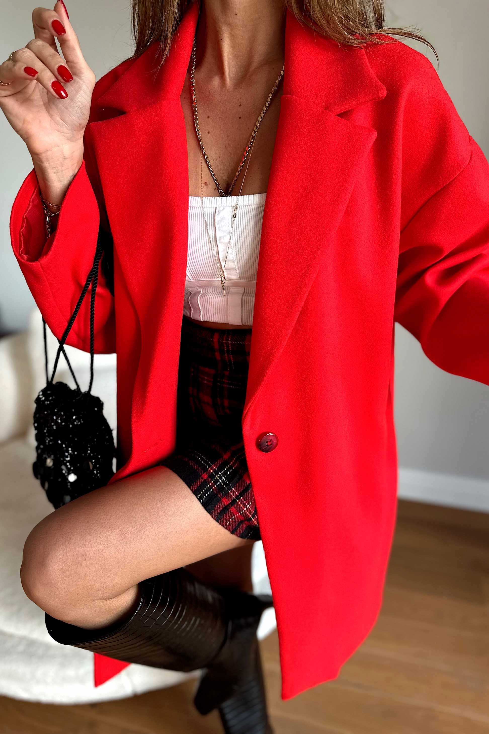 Oversize Kaşe Midi Kaban Kırmızı