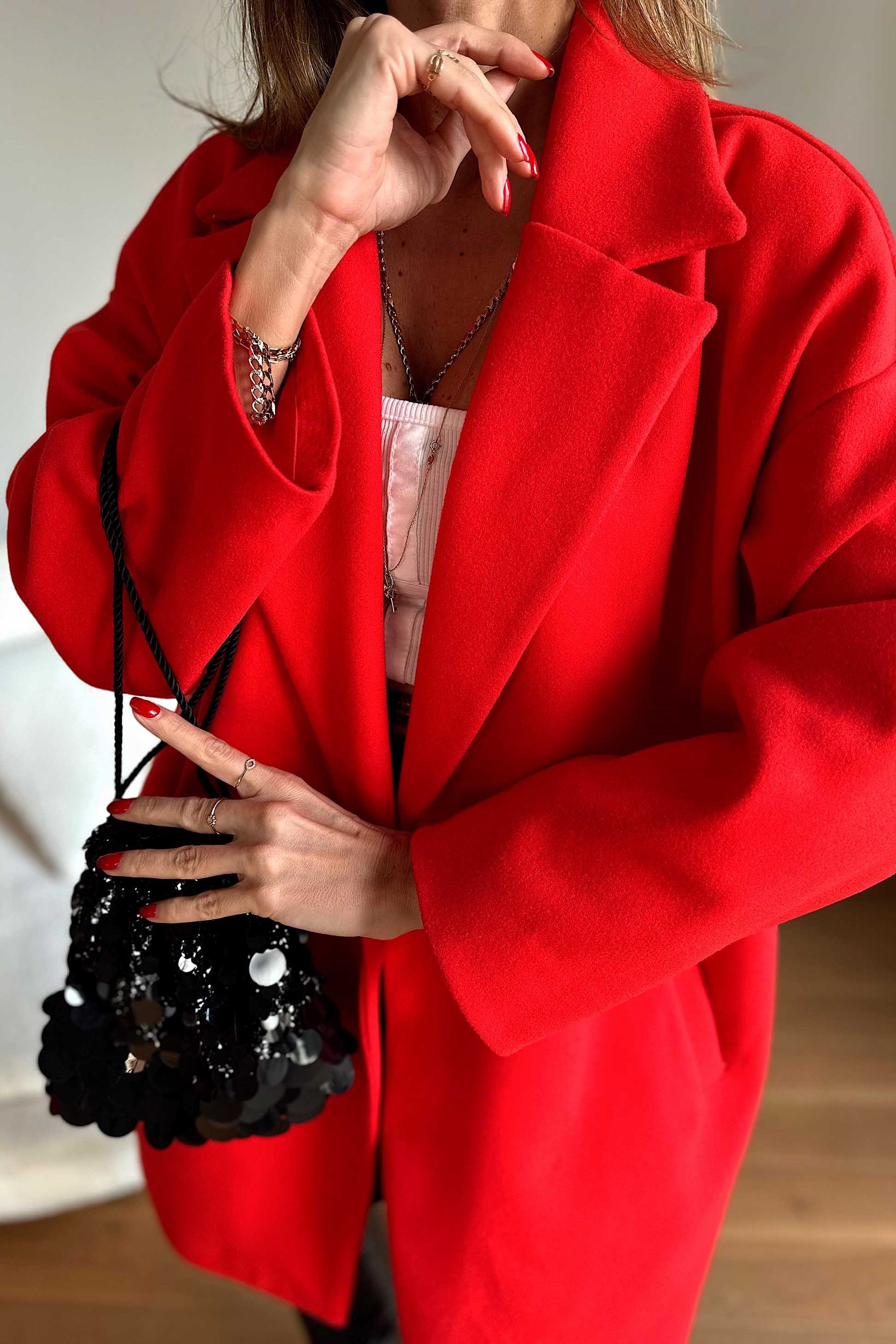 Oversize Kaşe Midi Kaban Kırmızı