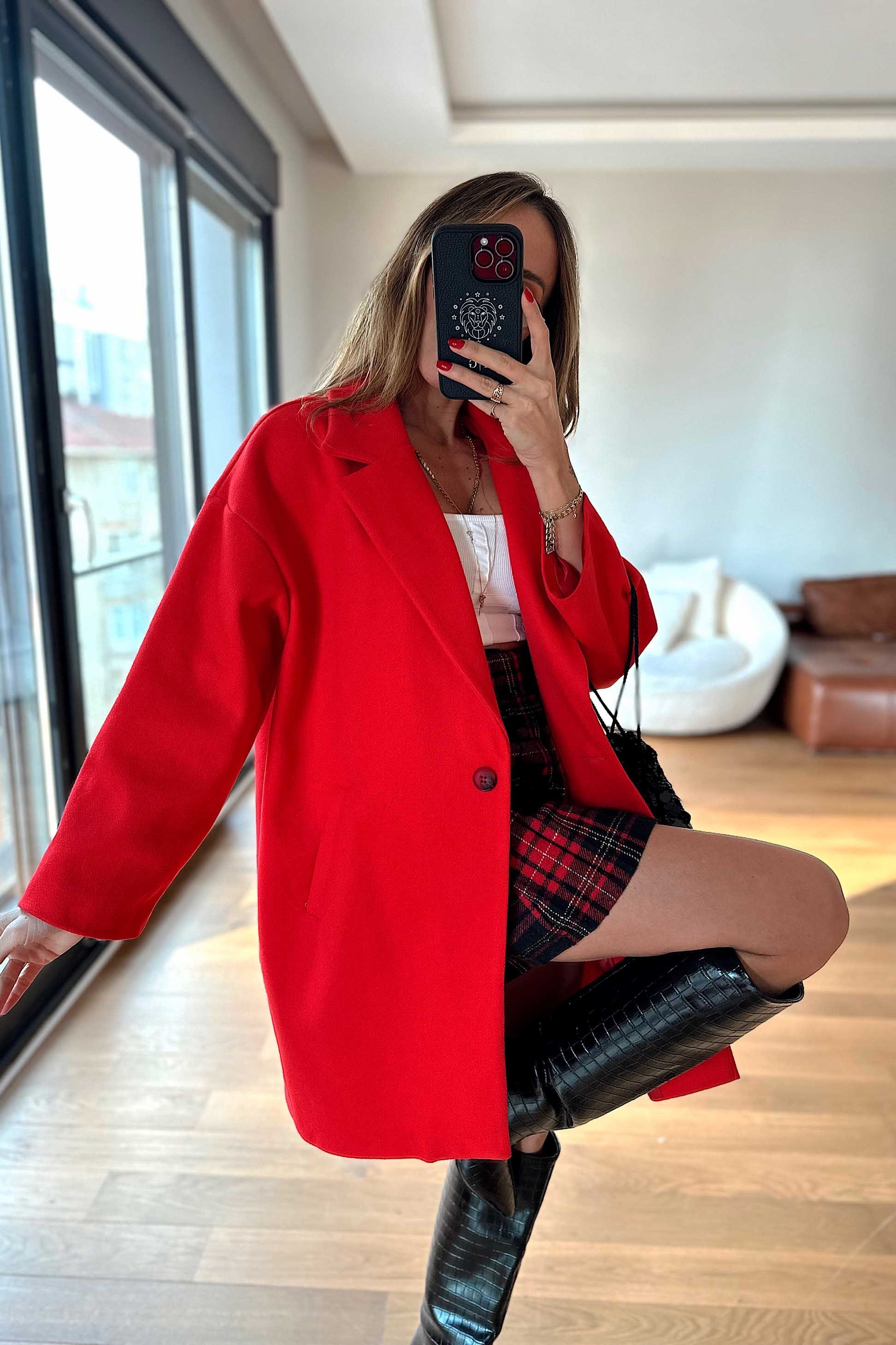 Oversize Kaşe Midi Kaban Kırmızı