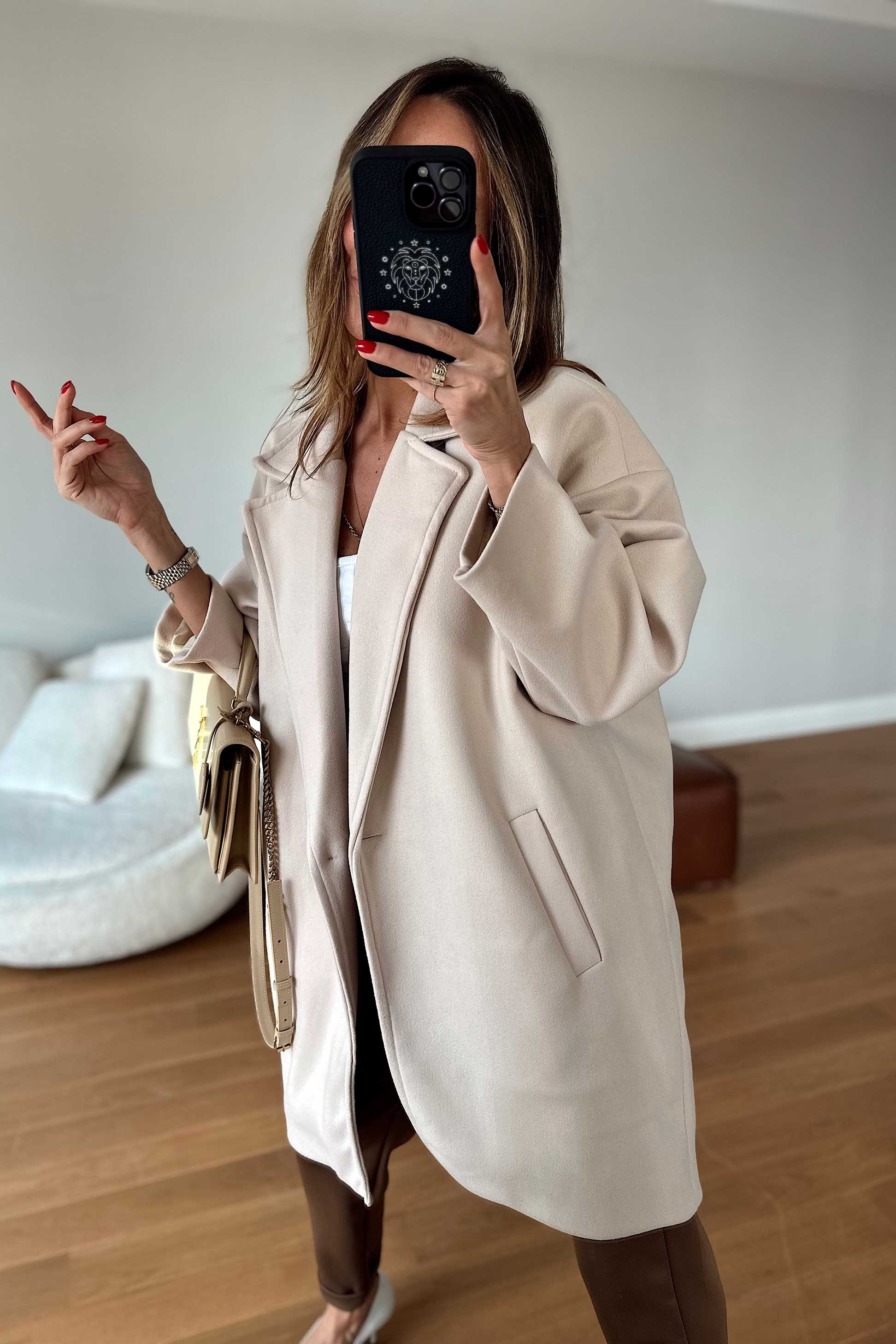 Oversize Kaşe Midi Kaban Taş