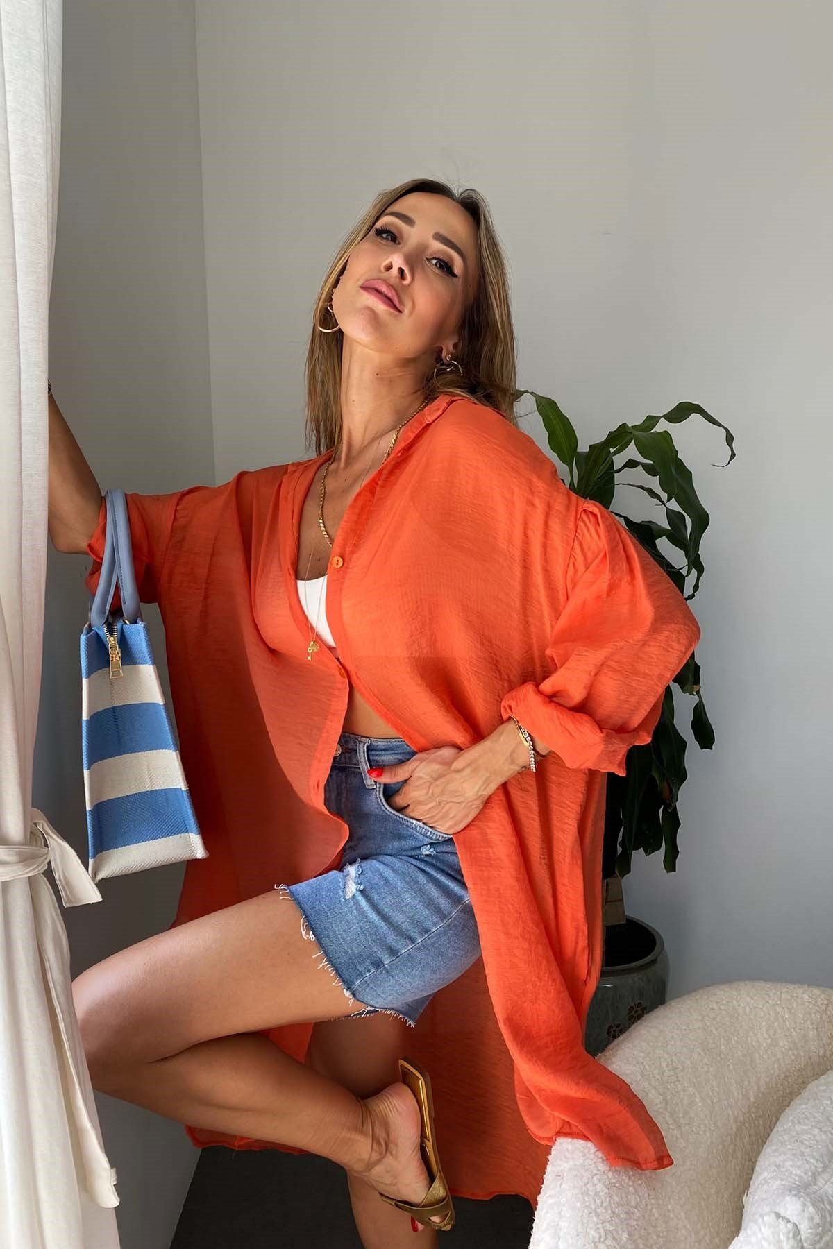 Oversize Pareo Gömlek Turuncu