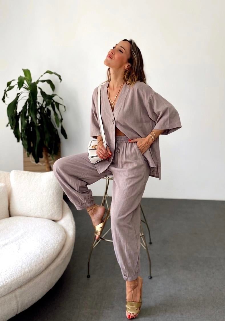 Oversize Tensel Gömlek Pantolon Takım Vizon