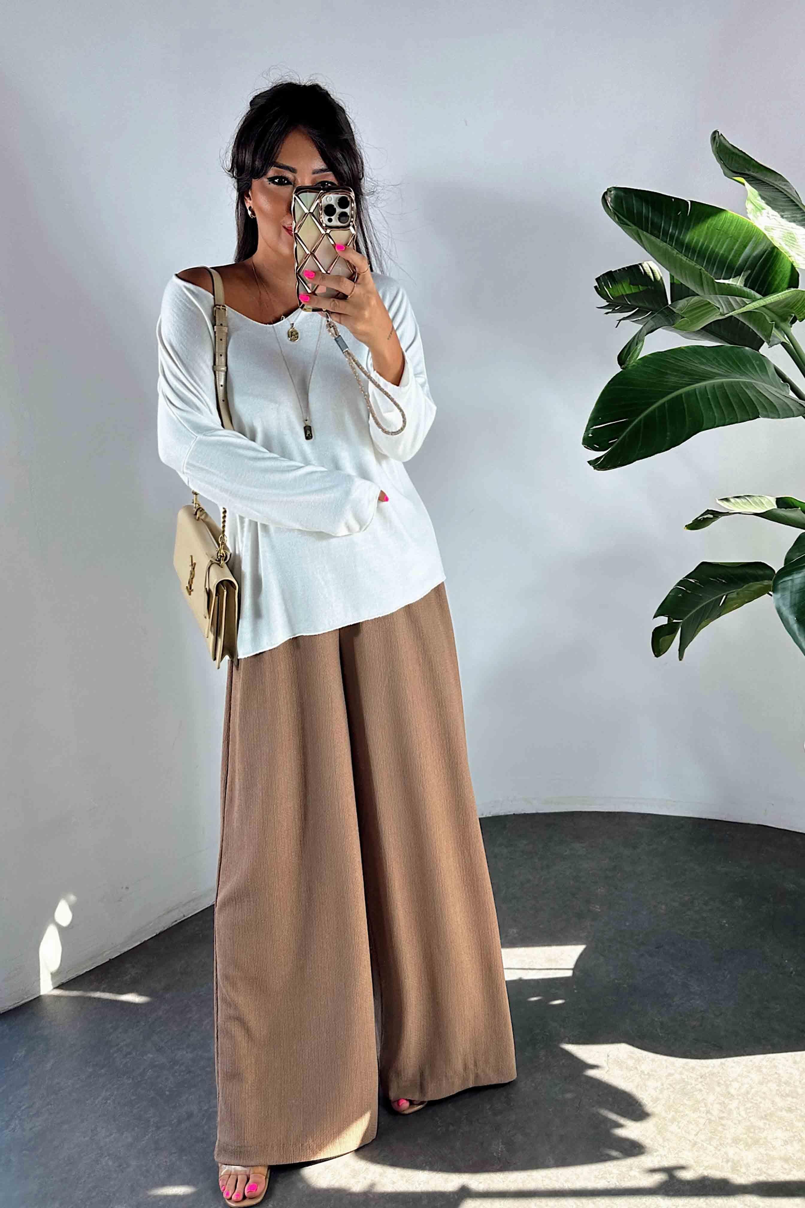 Oversize V Yaka Angora Kadın Kazak Beyaz