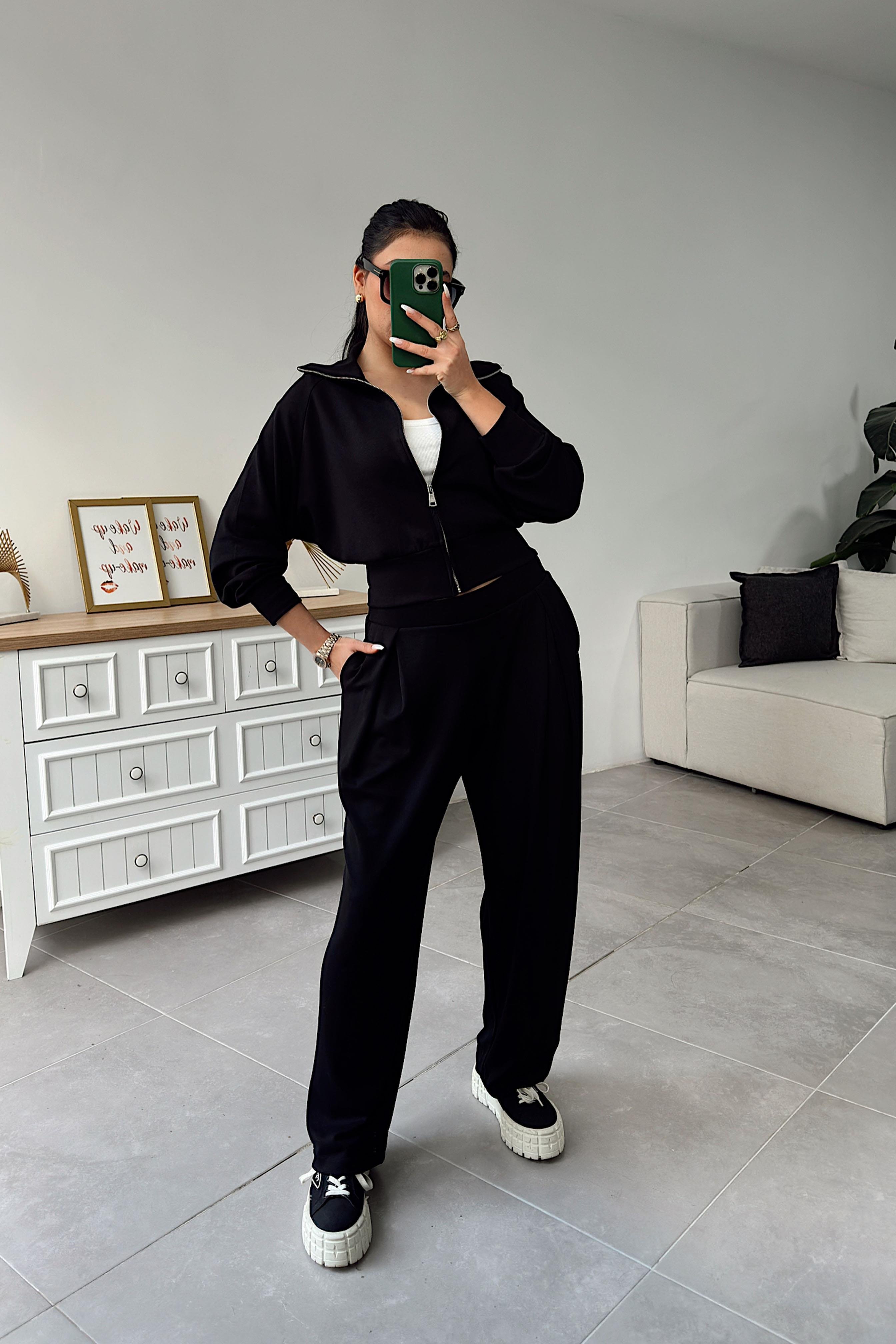 Oys Model Fermuarlı İkili Takım Siyah