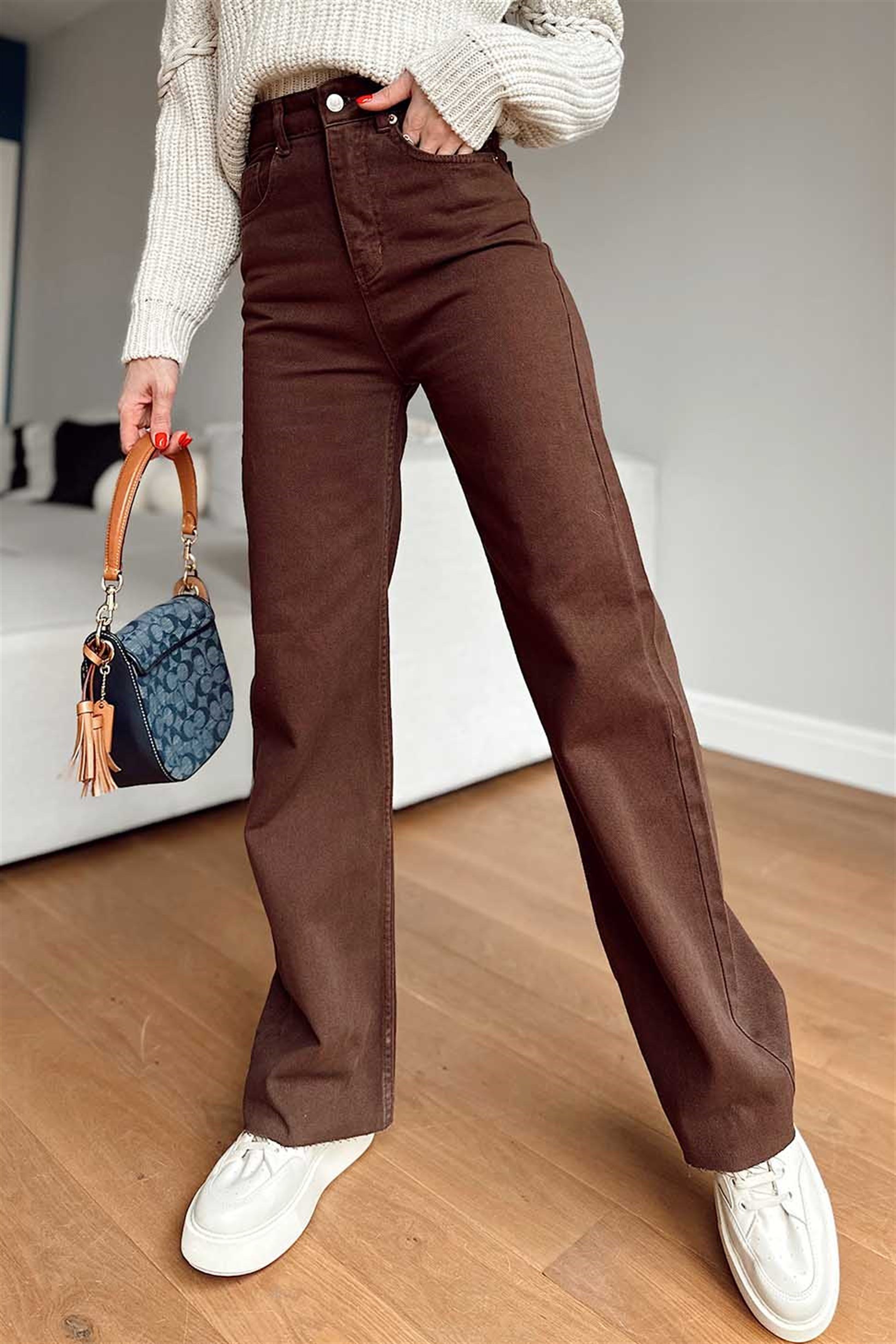 Paçası Kesik Bol Paça Salaş Pantalon Kahve