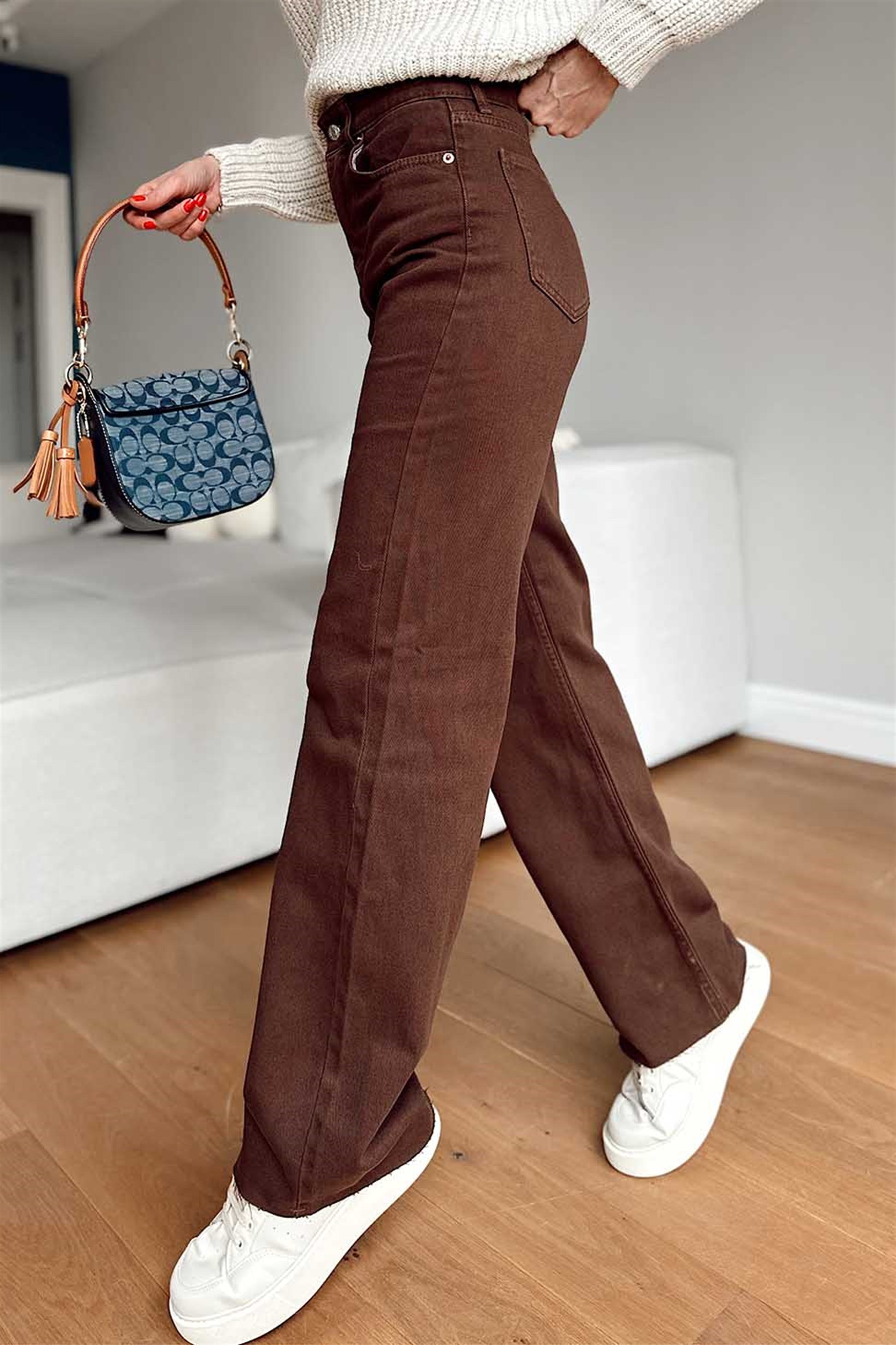 Paçası Kesik Bol Paça Salaş Pantalon Kahve