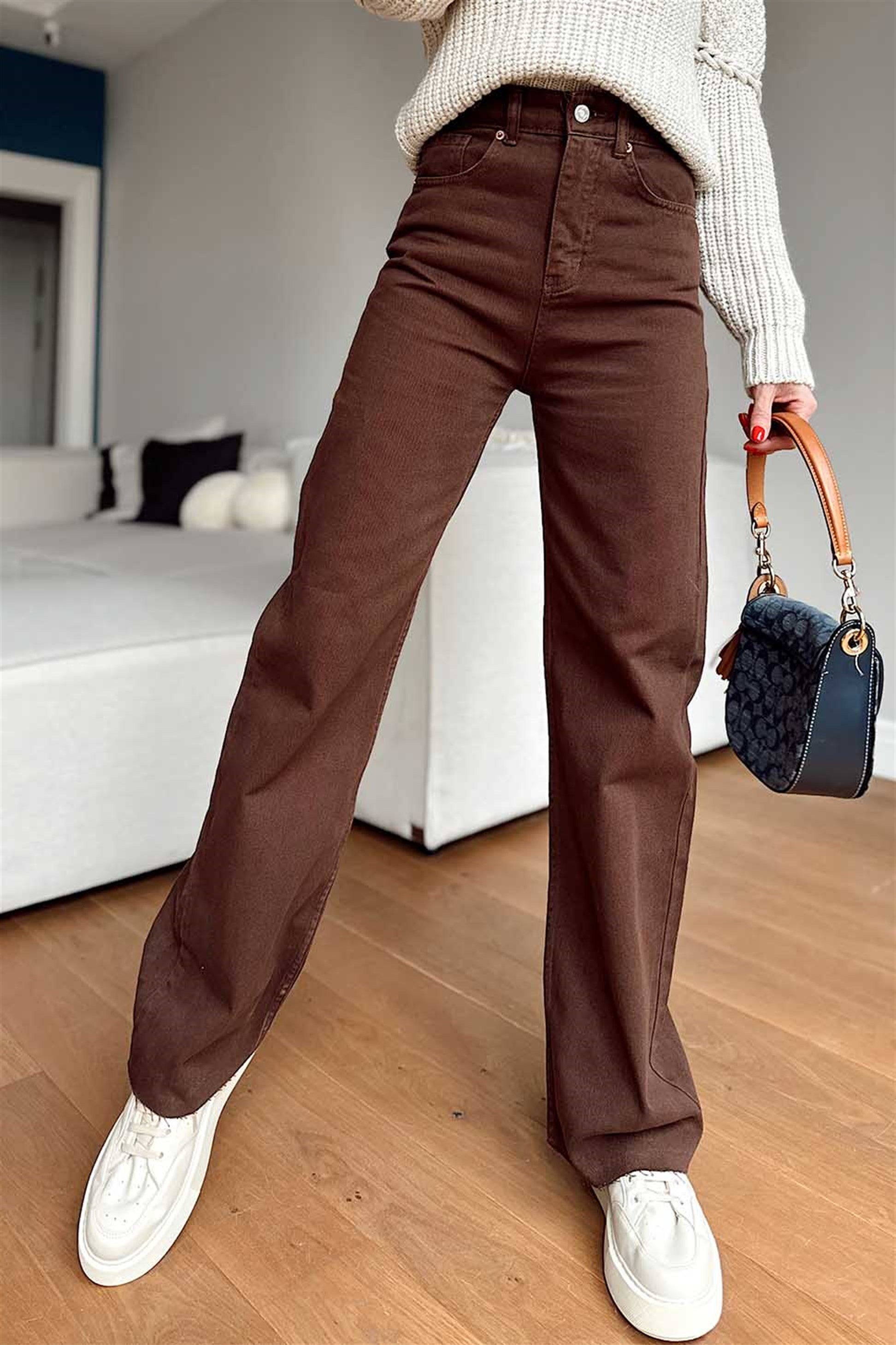 Paçası Kesik Bol Paça Salaş Pantalon Kahve