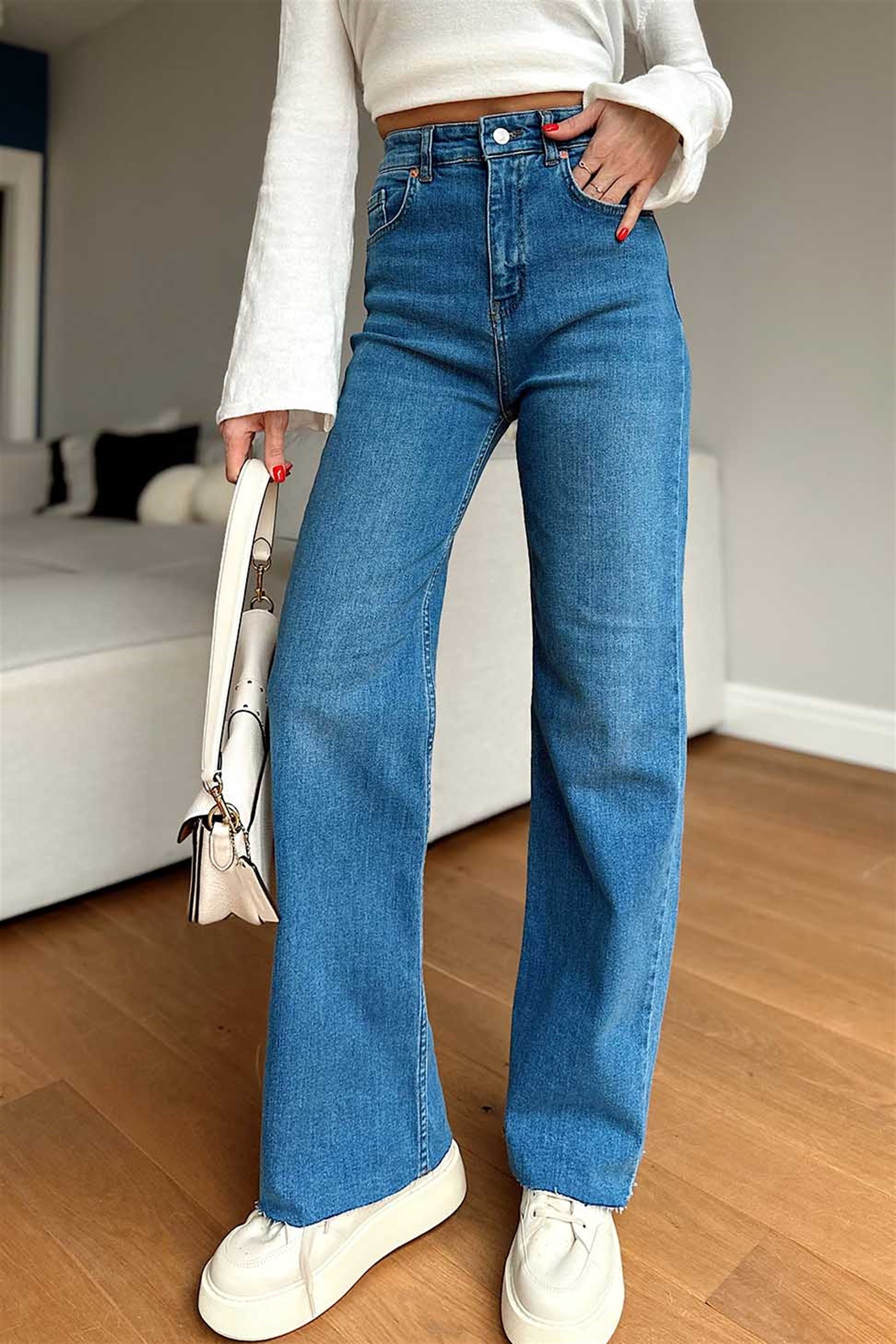 Paçası Kesik Bol Paça Salaş Pantalon Mavi