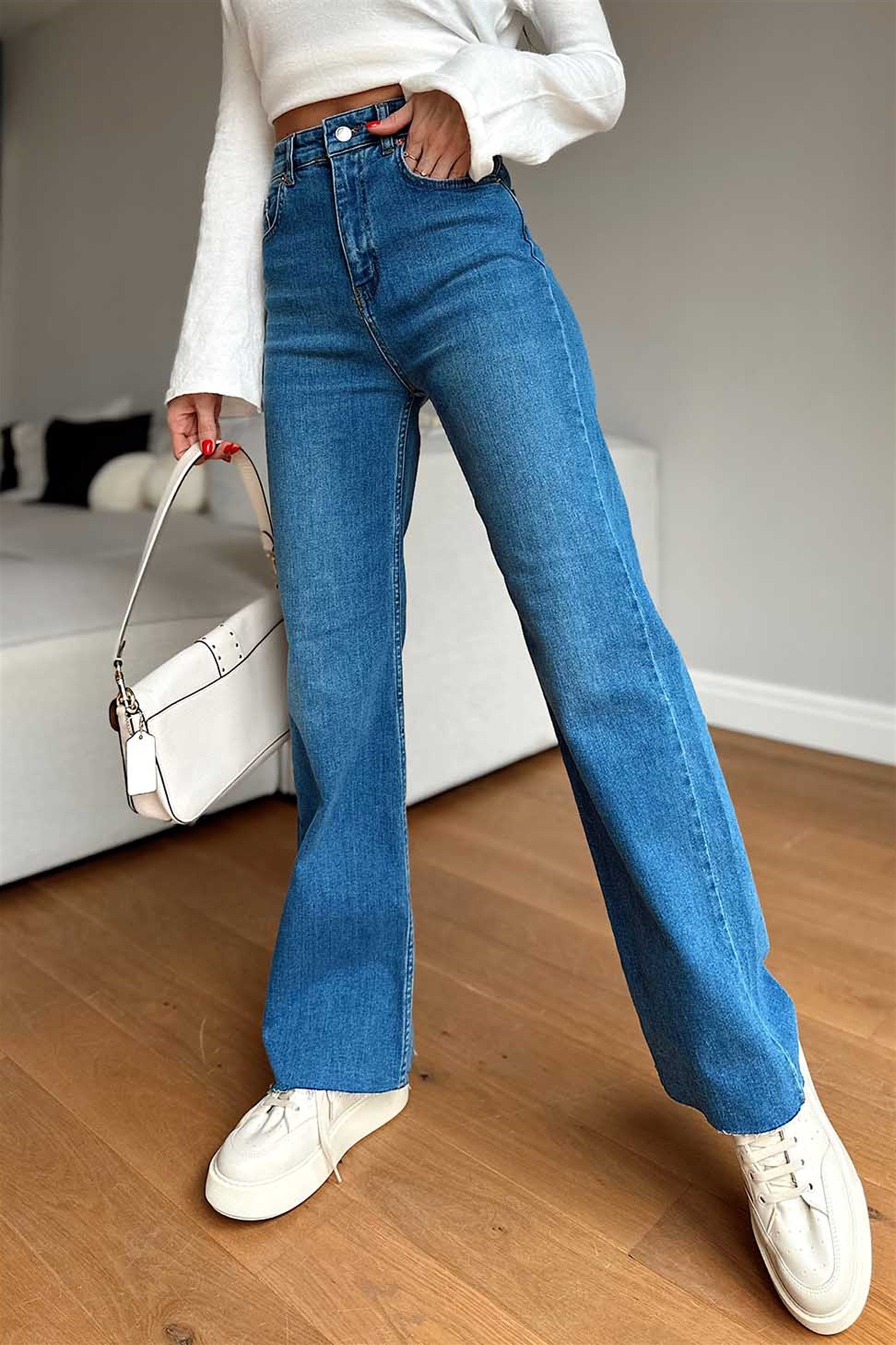 Paçası Kesik Bol Paça Salaş Pantalon Mavi
