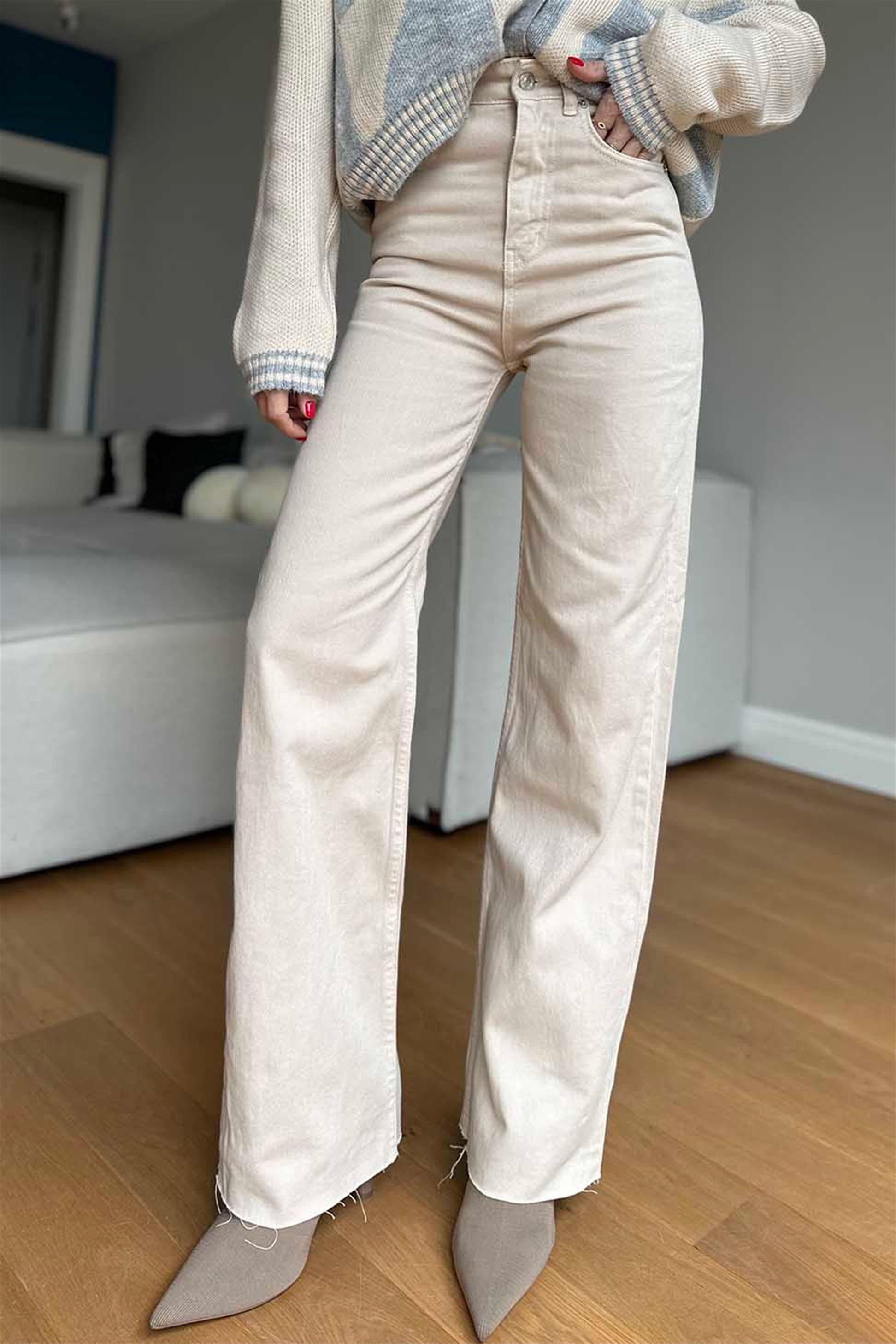 Paçası Kesik Bol Paça Salaş Pantalon Taş