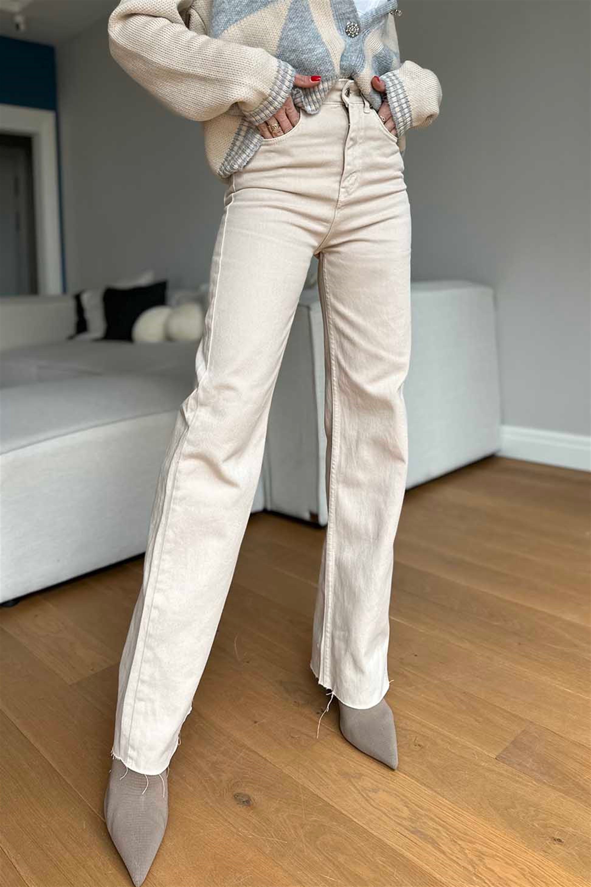 Paçası Kesik Bol Paça Salaş Pantalon Taş