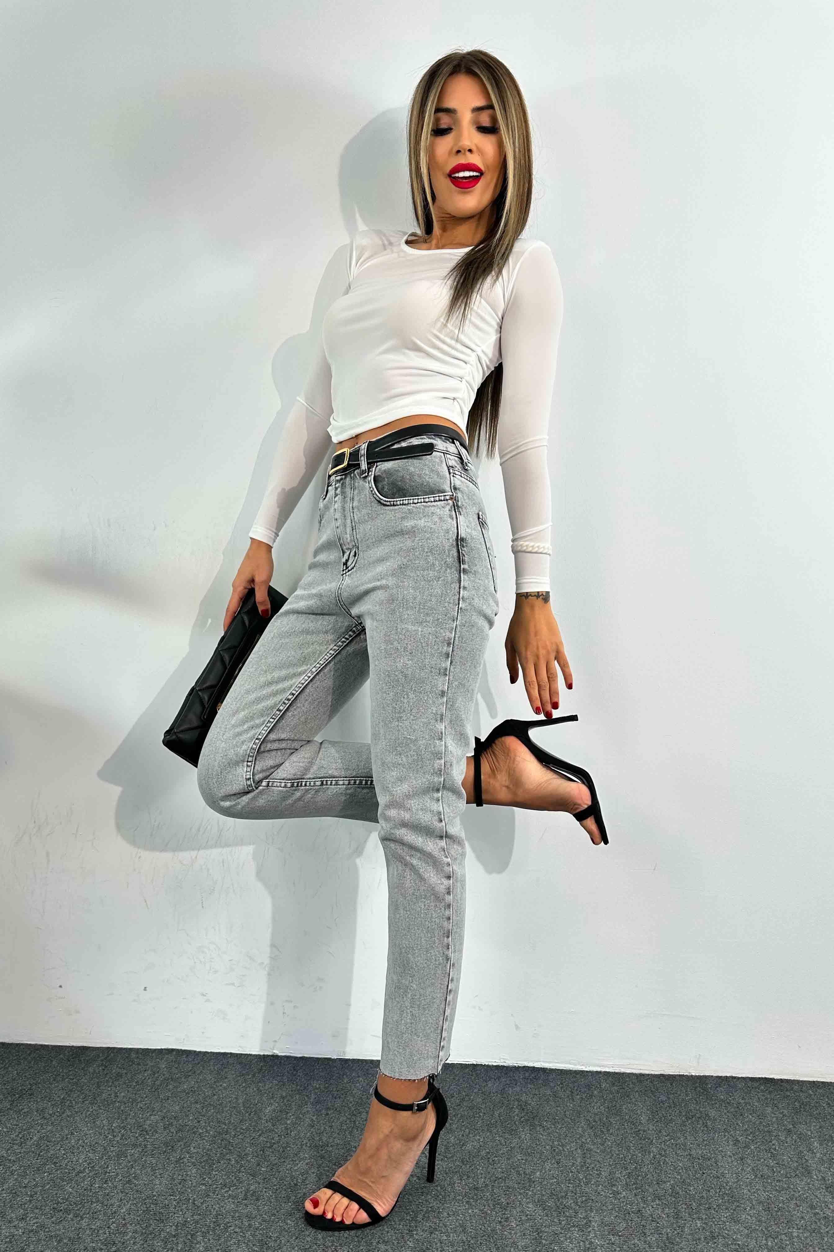 Paçası Kesik Boyfit Jean Pantolon Gri