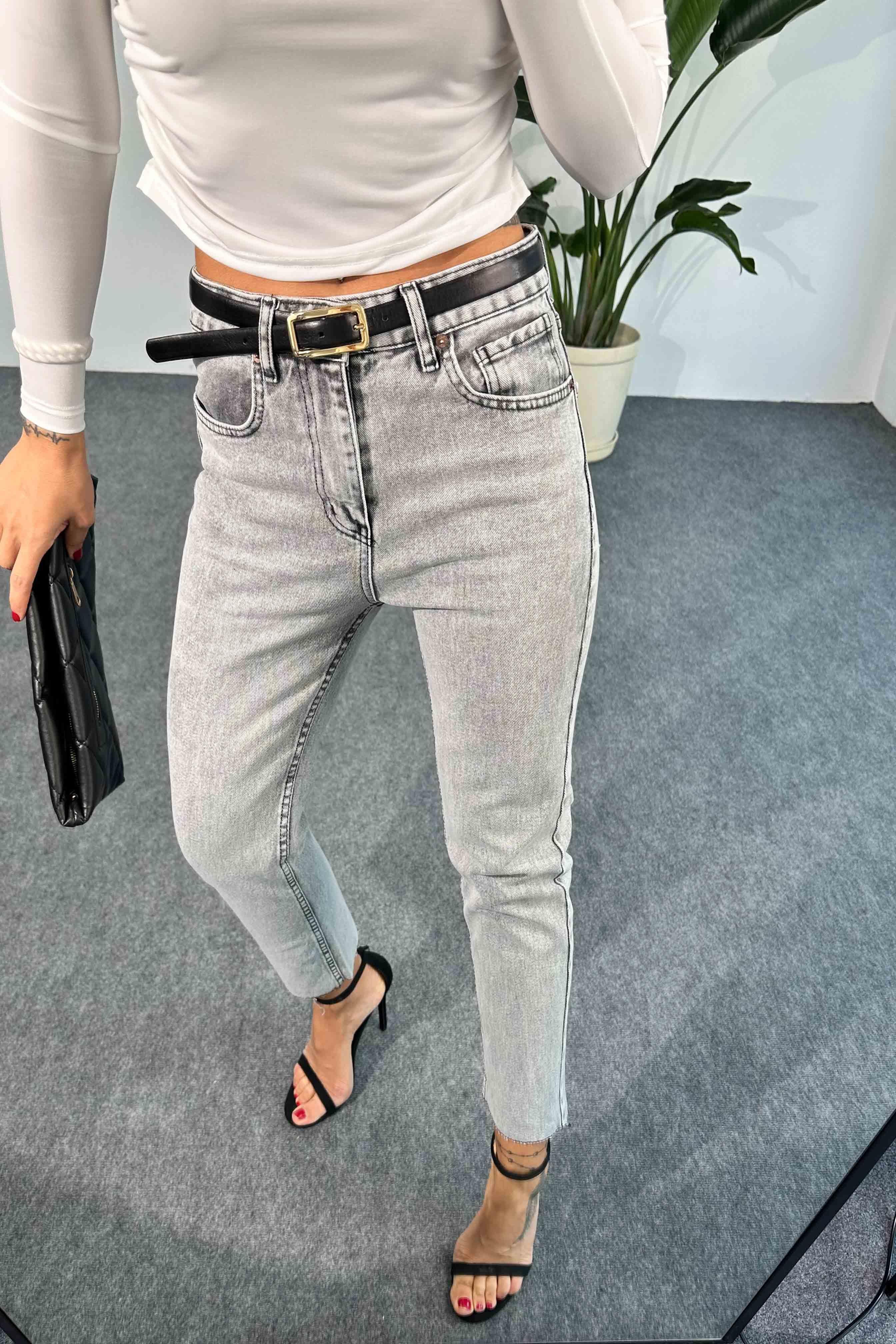 Paçası Kesik Boyfit Jean Pantolon Gri