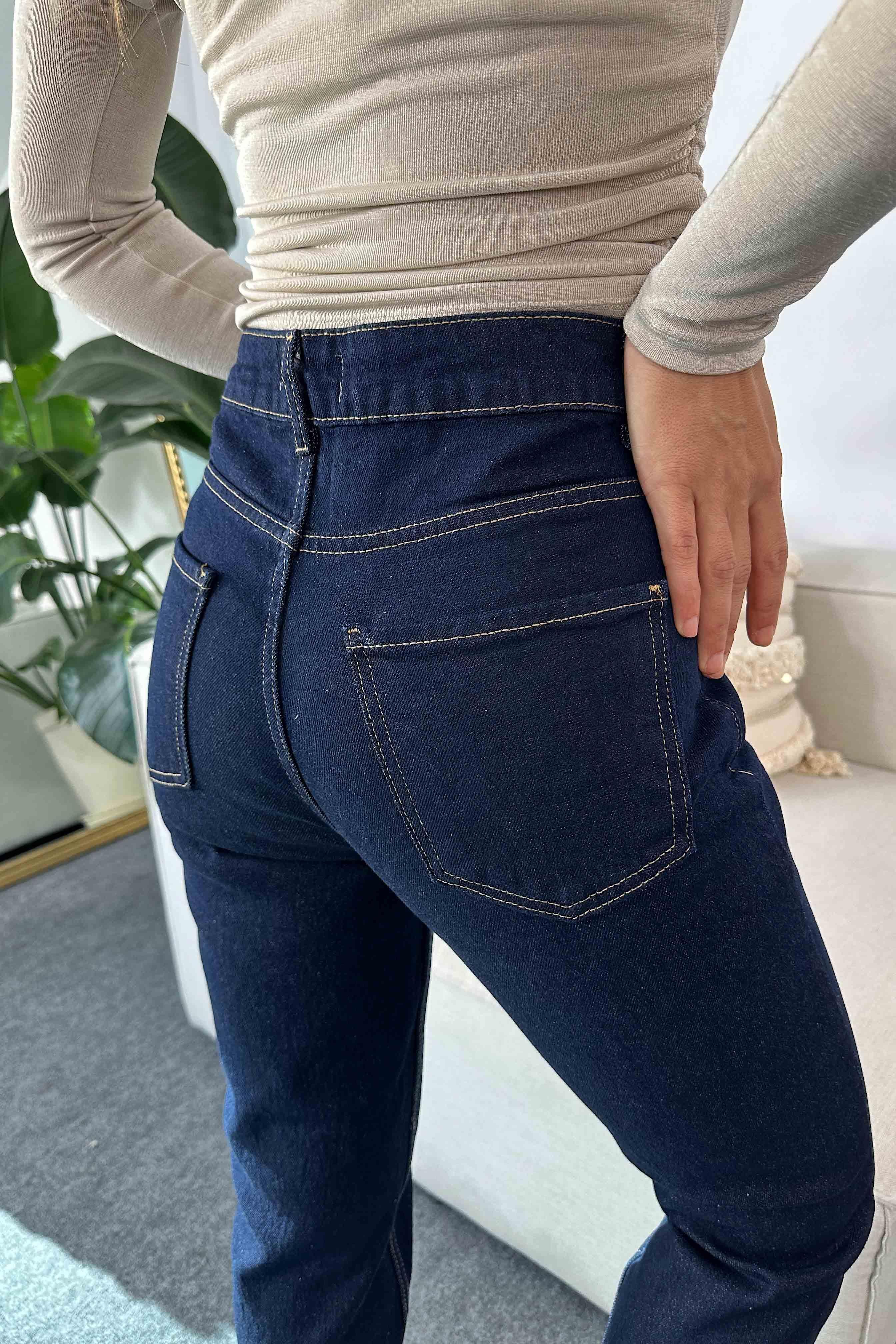 Paçası Kesik Boyfriend Jean Pantolon Koyu Mavi