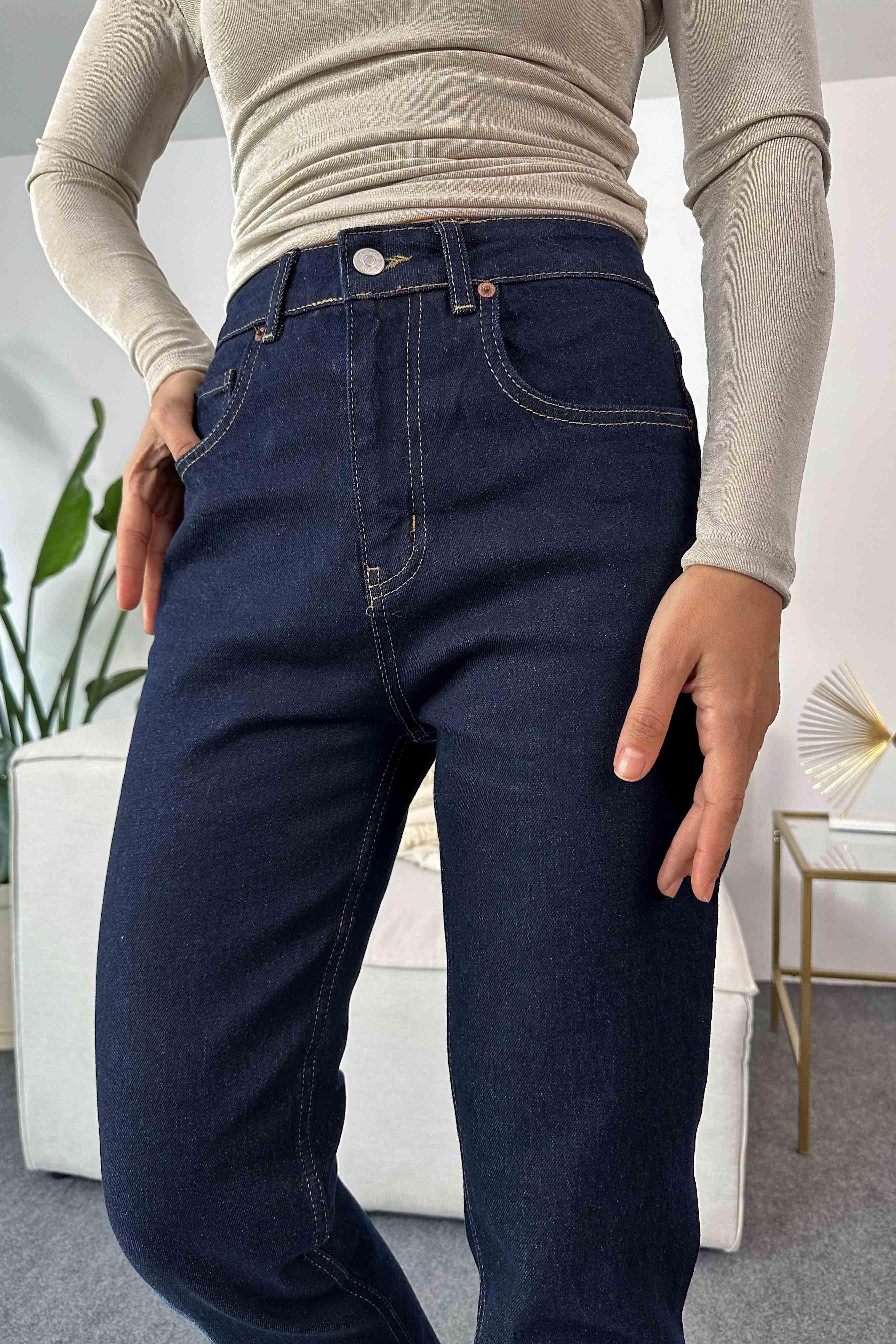 Paçası Kesik Boyfriend Jean Pantolon Koyu Mavi