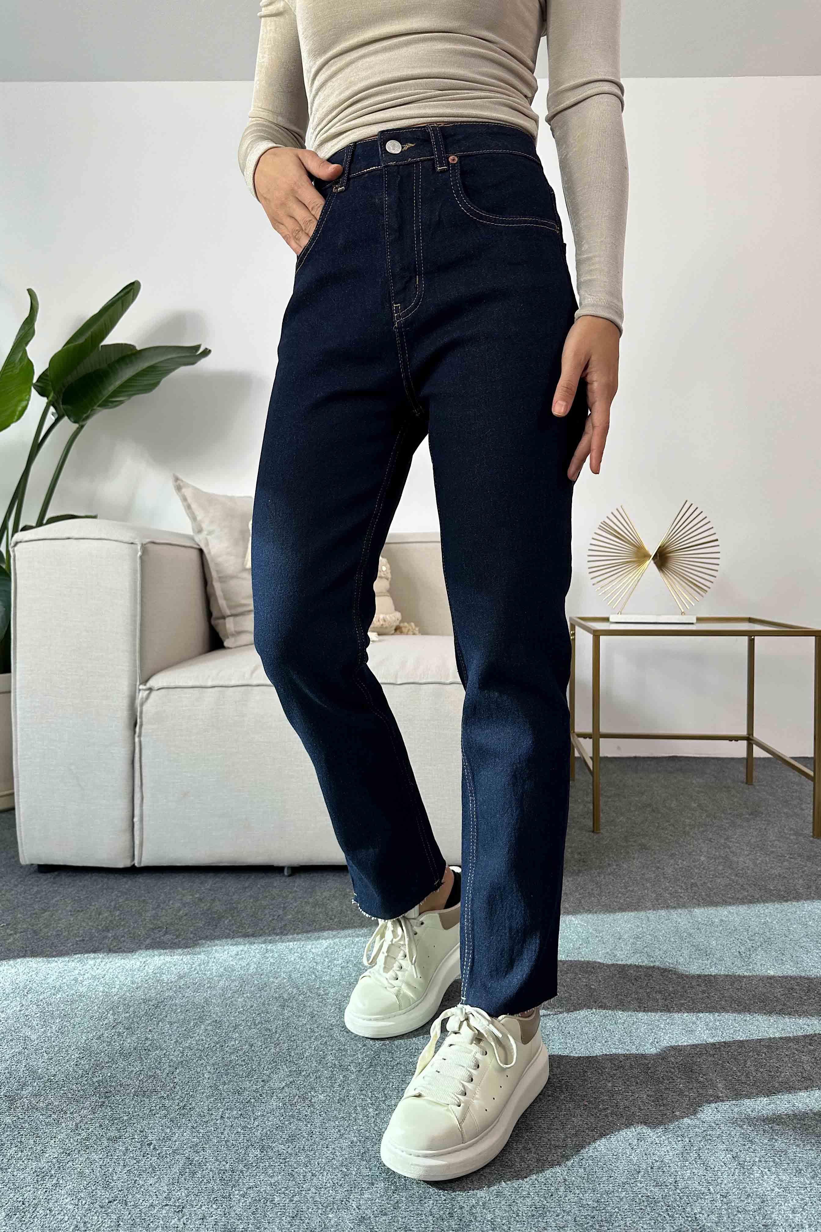 Paçası Kesik Boyfriend Jean Pantolon Koyu Mavi