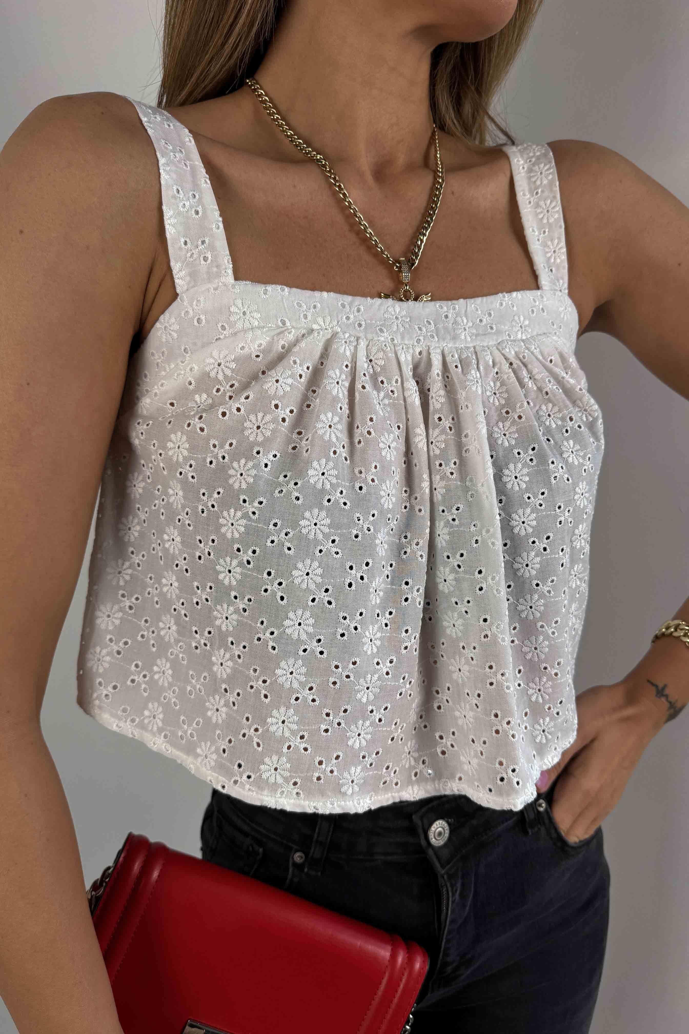 Pamuklu Askılı Brode Bluz Ekru